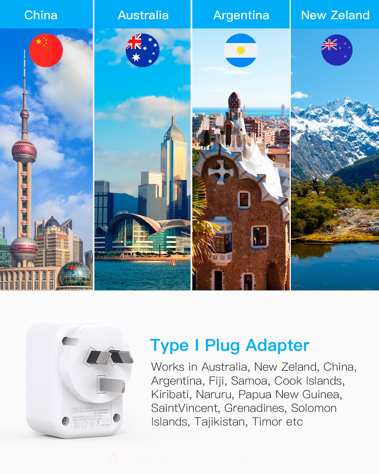 HANYCONY US to Australia Travel Power Plug Adapter, 2 Outlets & 3 USB Ports, Type I, White, 2 Pack, Model HN23T
