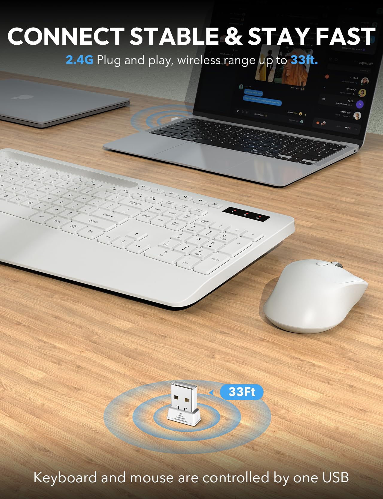 Sablute Wireless Keyboard And Mouse With Ergonomic Wrist Rest, Phone Holder, 2.4G Lag Free Keyboards Combo, Silent Cordless Set