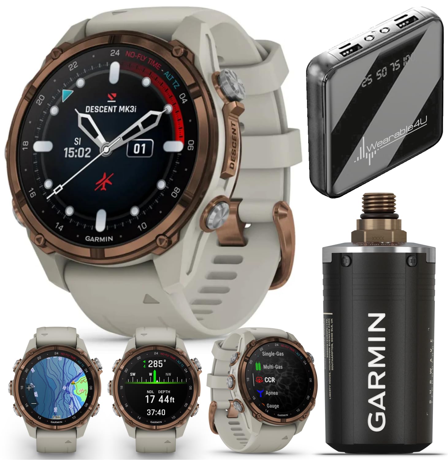 Wearable4U Garmin Descent Mk3 & Mk3i 51 mm & 43 mm w/T2 Transceiver: Titanium Dive Computer +Extra-Long Strap | Up to 25 Days Ba