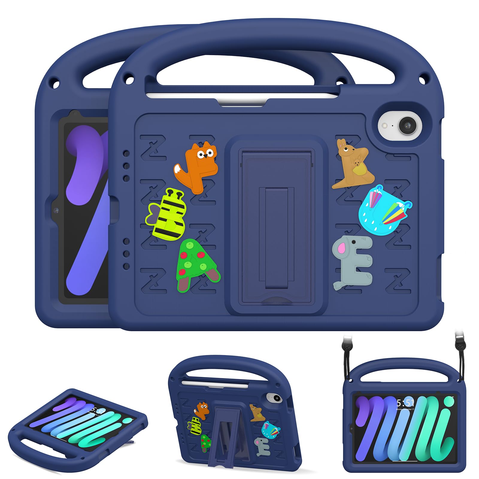 AGROMI Kids Case for iPad mini 7(A17 Pro) 2024/iPad Mini 6 2021 8.3 Inch, with Built-in Pencil Holder/Anti-Slip Handle/Foldable 