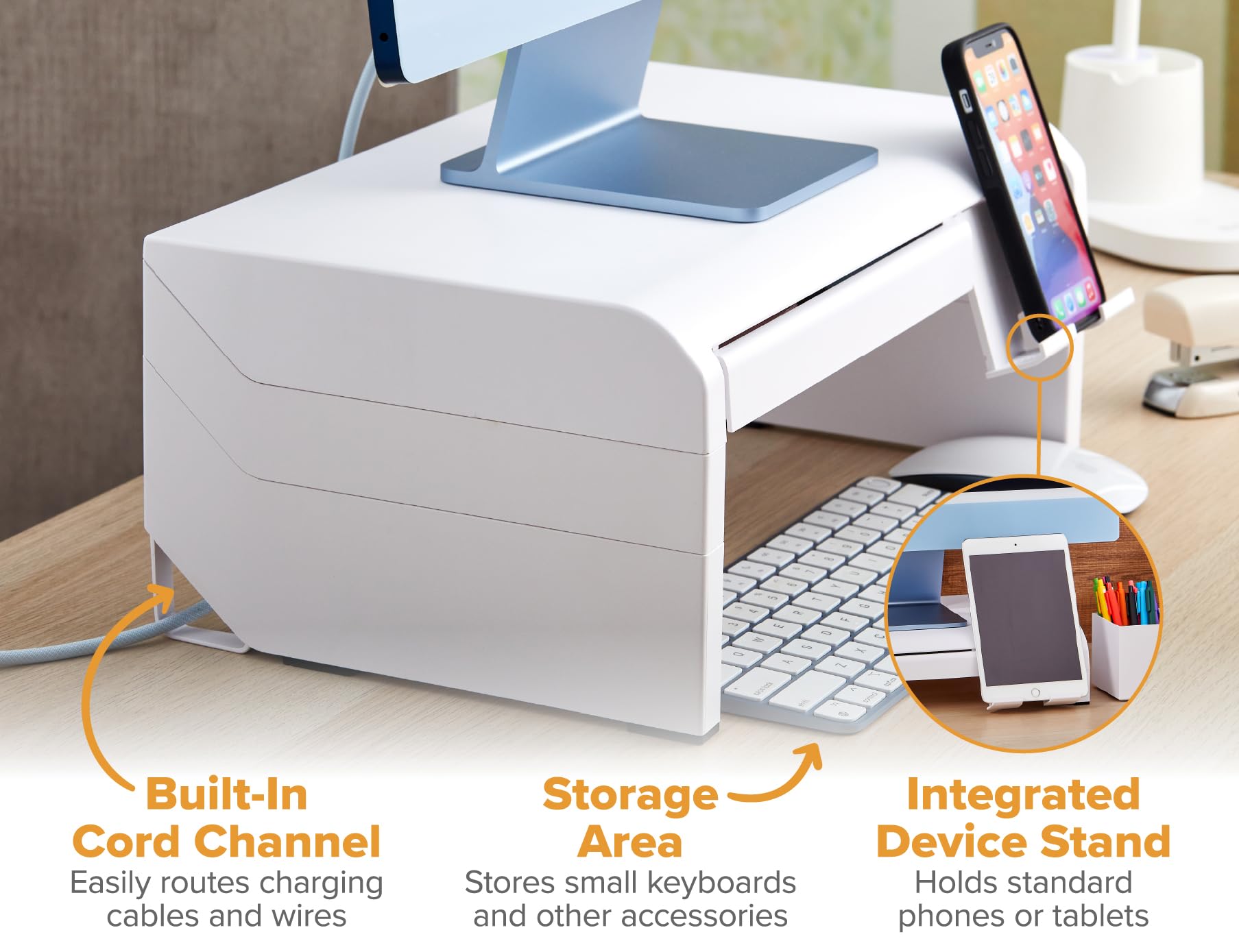 Bostitch Konnect Adjustable Monitor Riser With Drawer & Cell Phone Holder, Laptop Stand For Desk, 4 Height Levels, Cable Managem