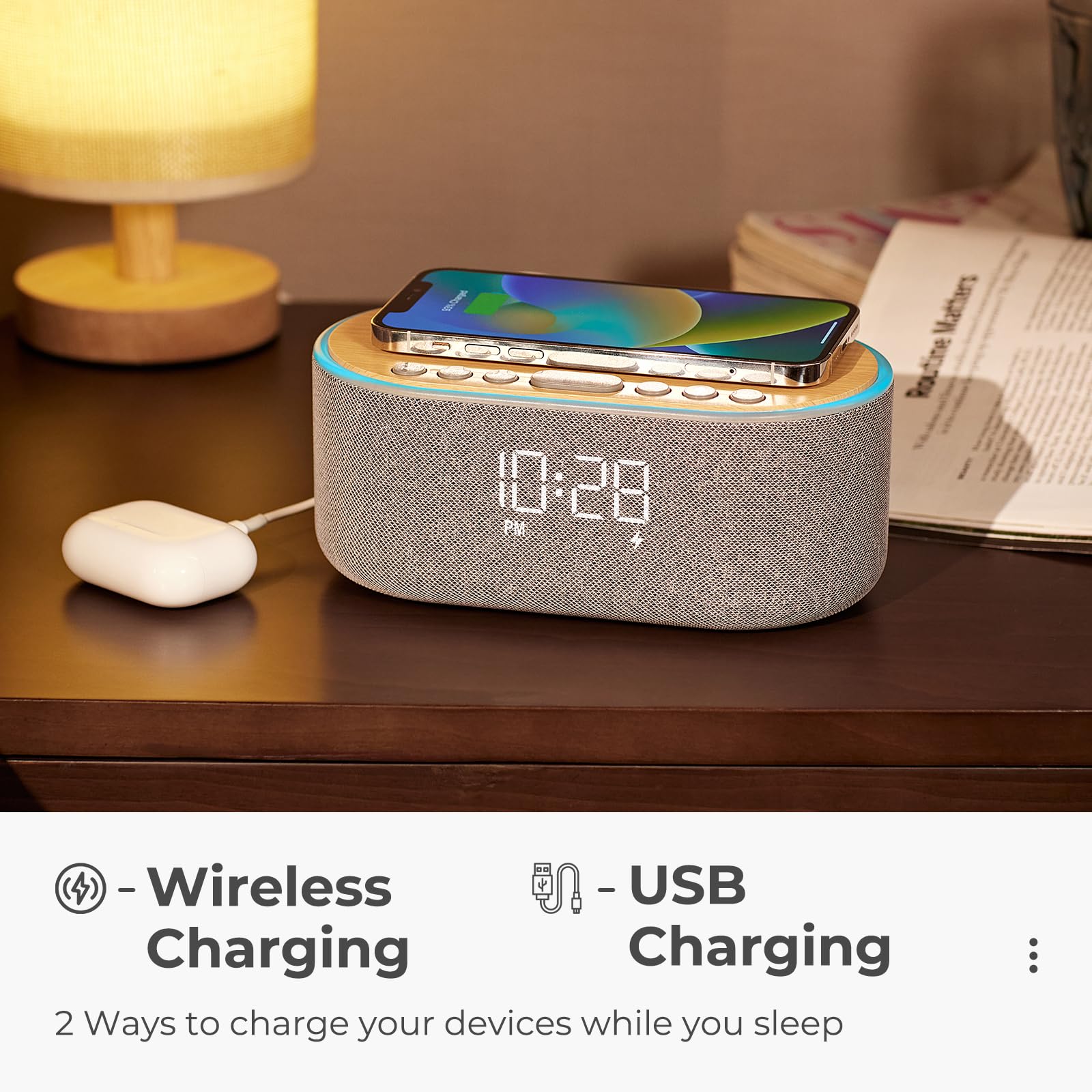 Uscce Alarm Clock Bluetooth Fm Radio: 10W Stereo Sound Speaker   Fast Wireless Charging For Iphone Samsung   Dimmable Clock Radi