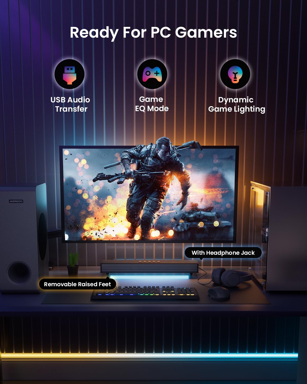 Meredo Sound Bar For Smart Tv 3.1Ch Pc Gaming Soundbar With Subwoofer Rgb Lighting Audio Sync Surround Sound System Bt 5.3/Hd-Ar