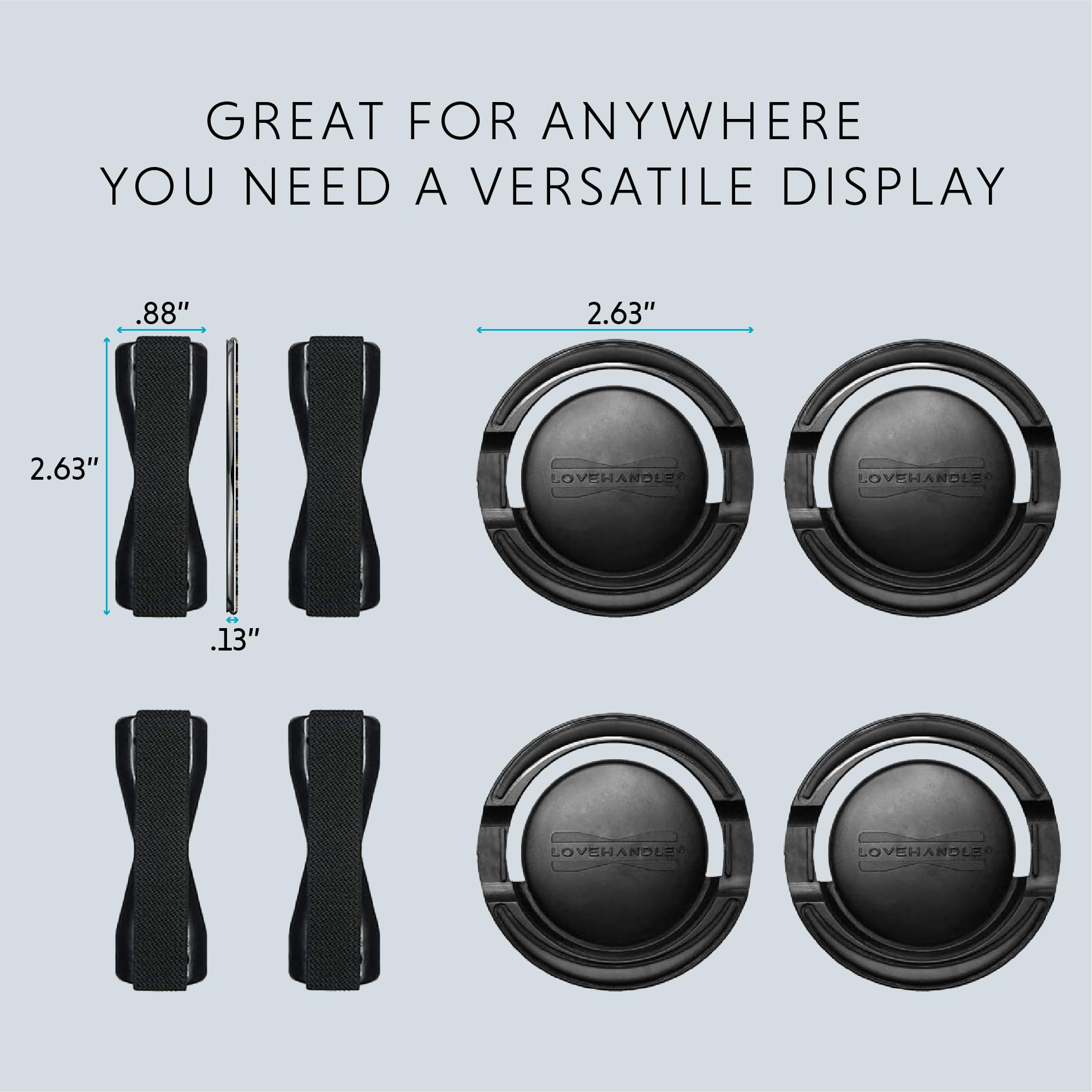 Lovehandle Grip For Smartphone And Mini Tablet With Lovehandle 360 Mount, Black Elastic Strap Wih Solid Colored Base, 6 Grip And