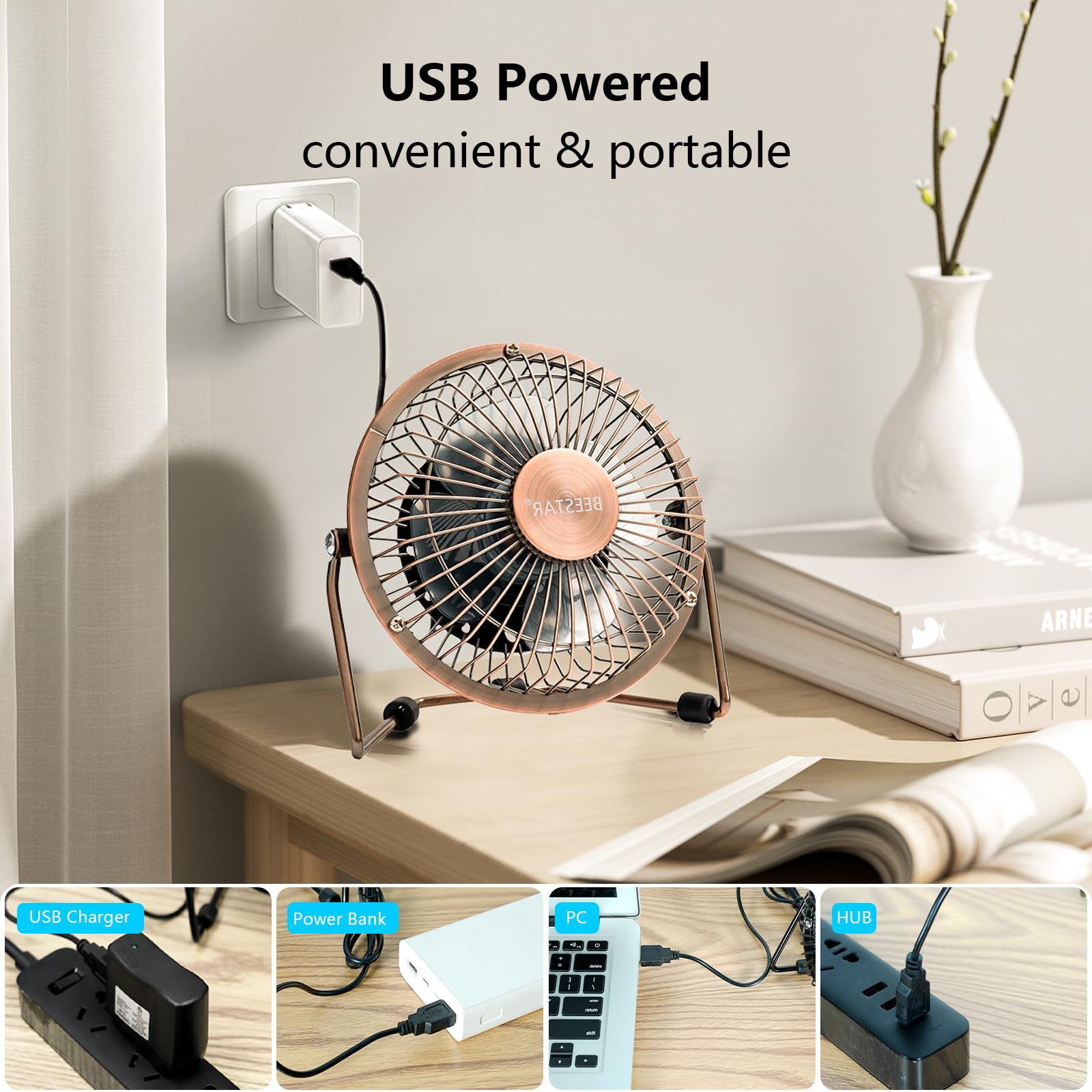 Beestar 4 Inch Desk Small Fan,Usb Mini Fan With Metal Construction,Powerful Usb Powered,360 Rotation Desk Fans Small Quiet,Small