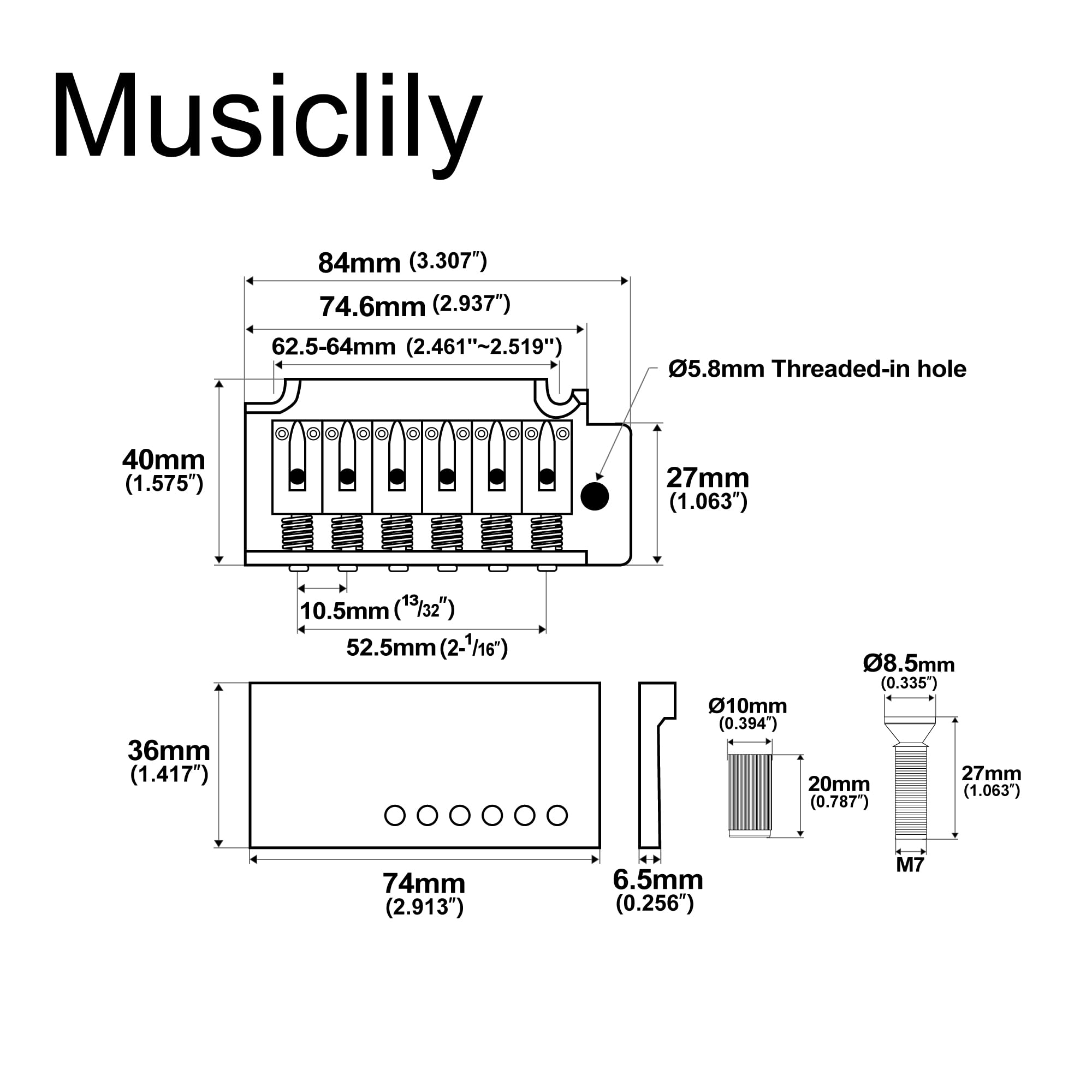 Musiclily Pro 52.5Mm 2 Point Guitar Tremolo Bridge 36Mm Short Zinc Block For Import Squier Strat Electric Guitar, Black