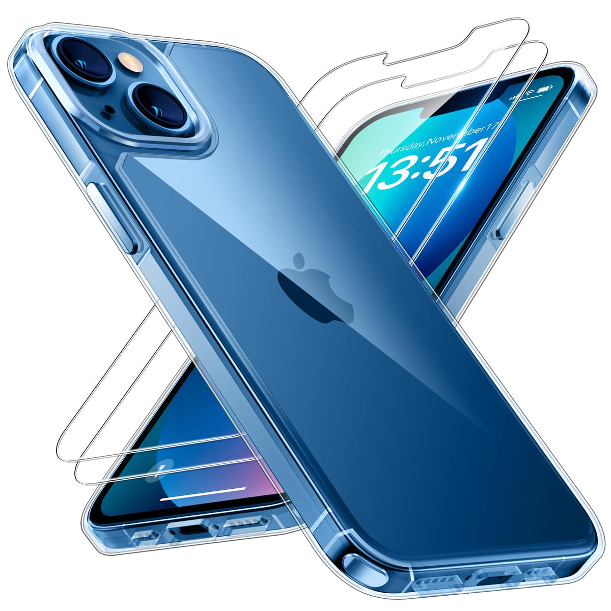 Tauri 3 In 1 For Iphone 13 Case Clear, With 2X Screen Protector, [Not Yellowing][Military-Grade Drop Protection] Slim Shockproof