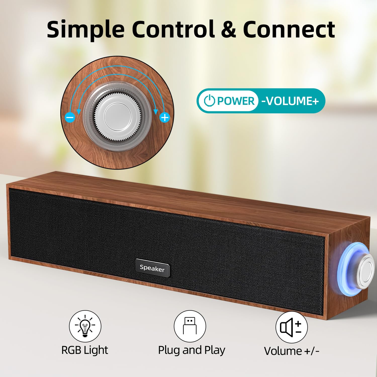 Uakinat Wooden Multimedia Digital Computer Speakers, USB Powered 3.5mm AUX Sound Bar for Desktop & Laptop, Portable Surround Sound (Brown)