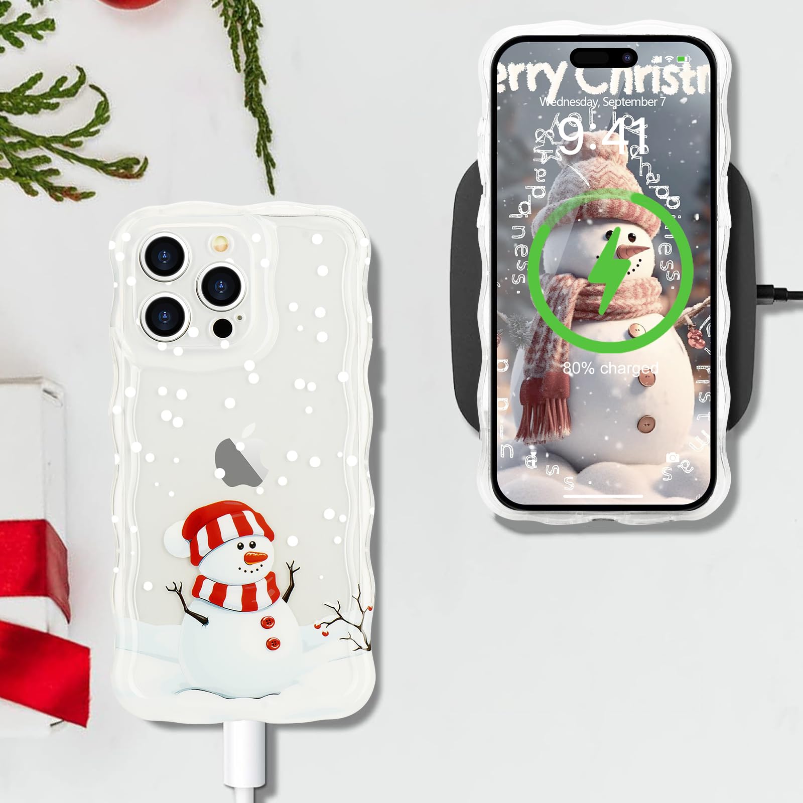 L Fadnut Christmas Phone Case For Iphone 15 Pro Max Cute Curly Wavy Merry Christmas Pattern Case Clear Santa Snowman Elk Cover F