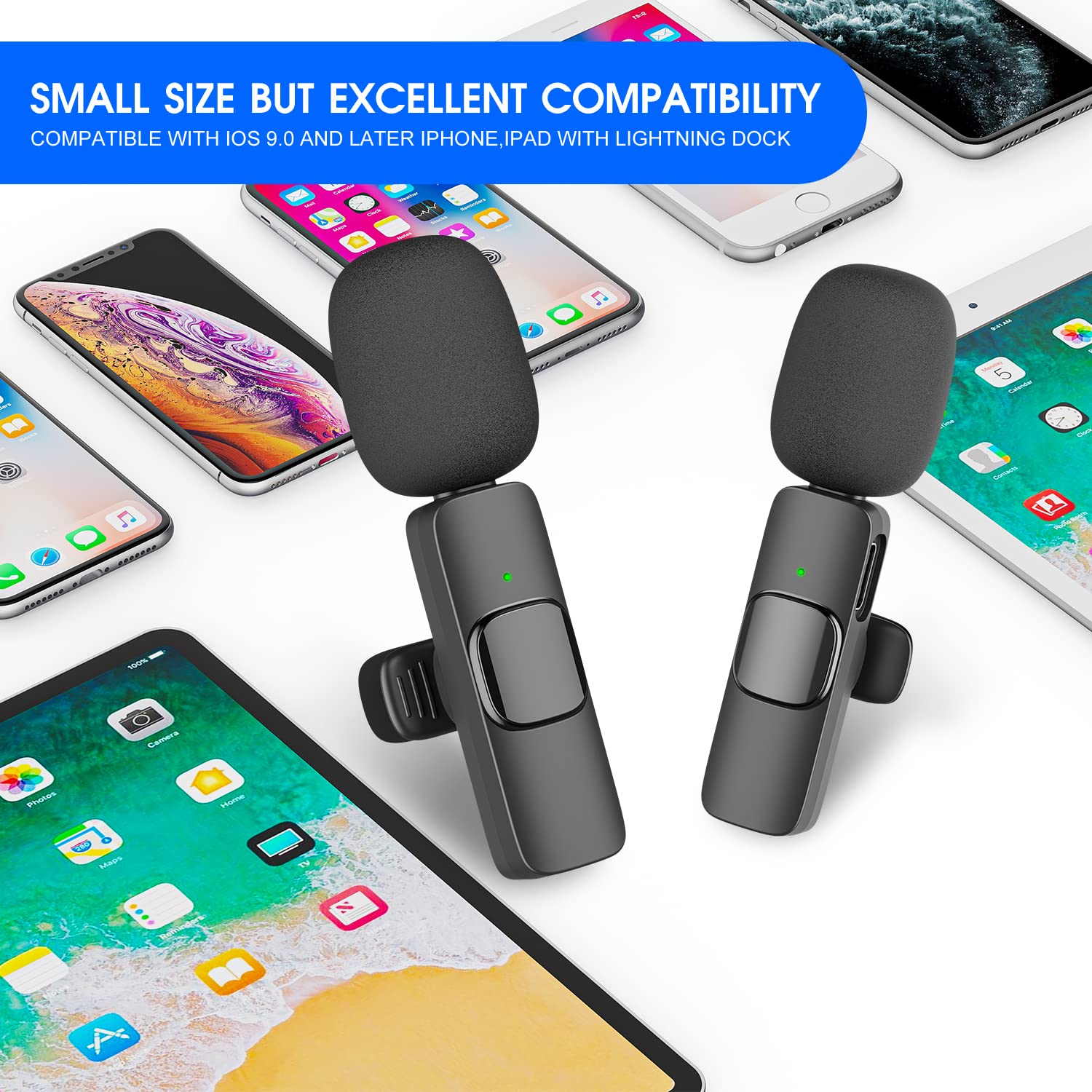 Kdewere 2 Pack Wireless Lavalier Microphone For Iphone Ipad, Lapel Mics Plug Play 2.4G Ultra Low Delay Built In Noise Reduction