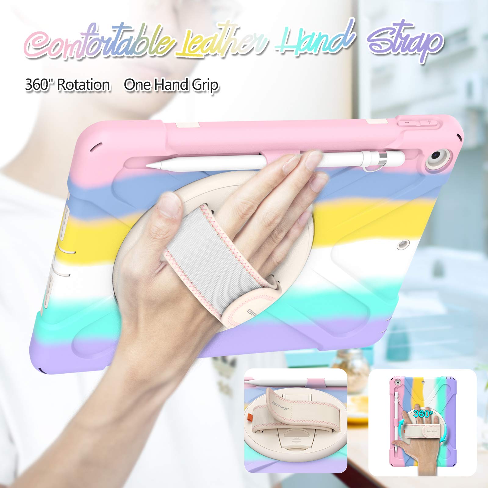 Batyue Ipad 9Th/ 8Th/ 7Th Generation Case 10.2, Shockproof Case With Screen Protector Pencil Holder [360 Rotating Hand Strap] &S