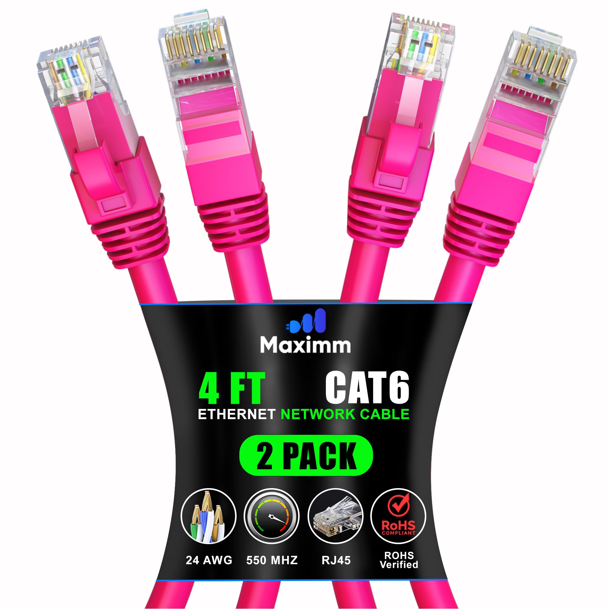 Maximm Cat 6 Ethernet Cable 4 Ft (2 Pack)   High Speed Lan Cable, Internet Cable, Patch Cable, And Network Cable   Utp, 10Gbps, 550Mhz Ethernet Cord   Pink