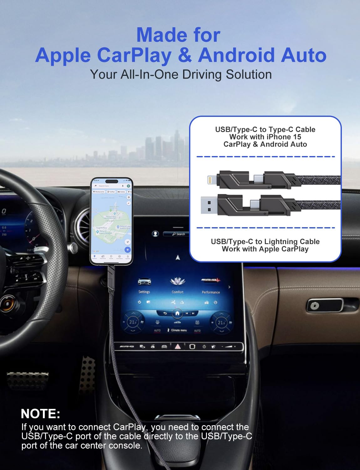 4 In 1 Usb C Cable Lightning Cable 10Ft [60W Fast Charging & Data Sync & Mfi Certified] Flat Braided Apple Car Play Cord & Android Auto Usb C Cable Fast Charging For Macbook, Ipad, Iphone, Samsung