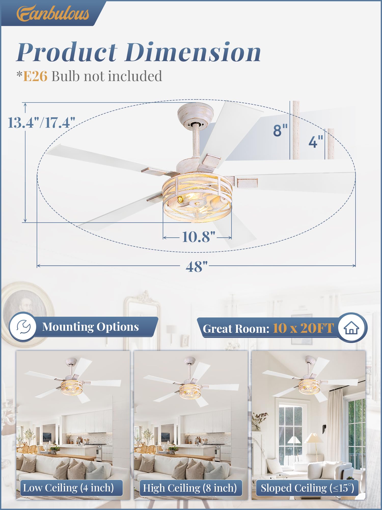 Farmhouse Ceiling Fans With Light, 48 Inch Bedroom Ceiling Fan With Lights, 6 Speed Adjustable, Quiet And Reversible Dc Motor, 5
