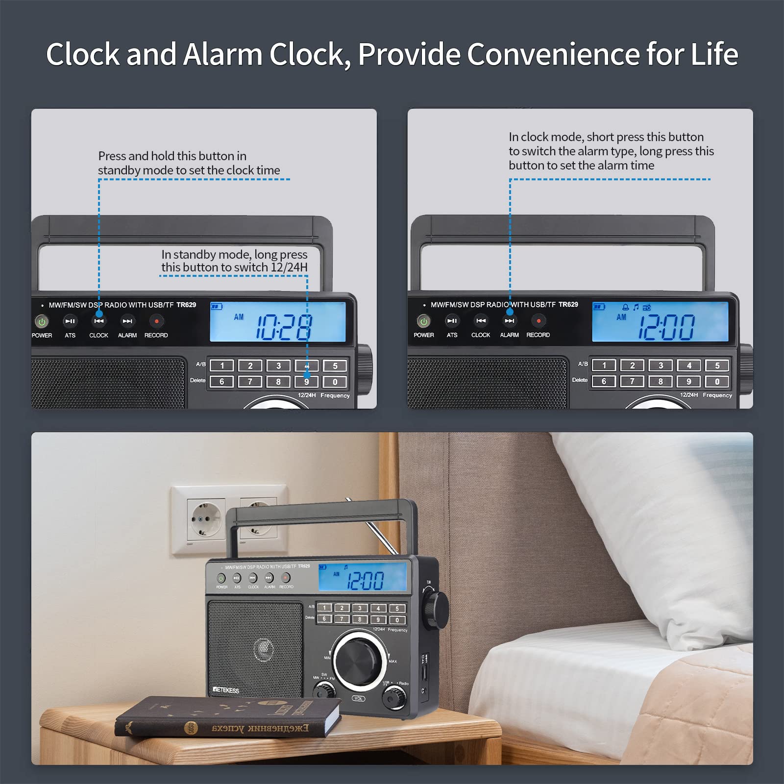 Retekess Tr629 Portable Shortwave Radios, Digital Radio Am Fm Plug In With Dsp, Support Backlight Lcd Display, Digital Tuning And Preset, Usb, Micro Sd, Clock, Recorder