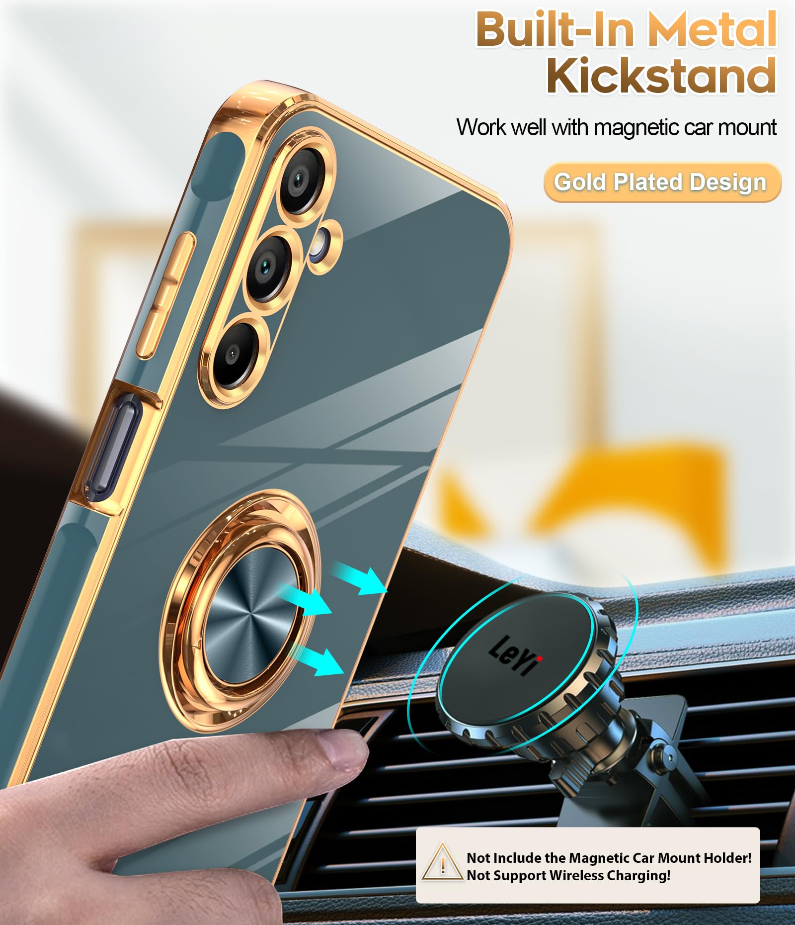 Leyi For Samsung A15 5G Case: With Tempered Glass Screen Protector [2 Pack] 360 Rotatable Ring Holder Magnetic Kickstand, Platin