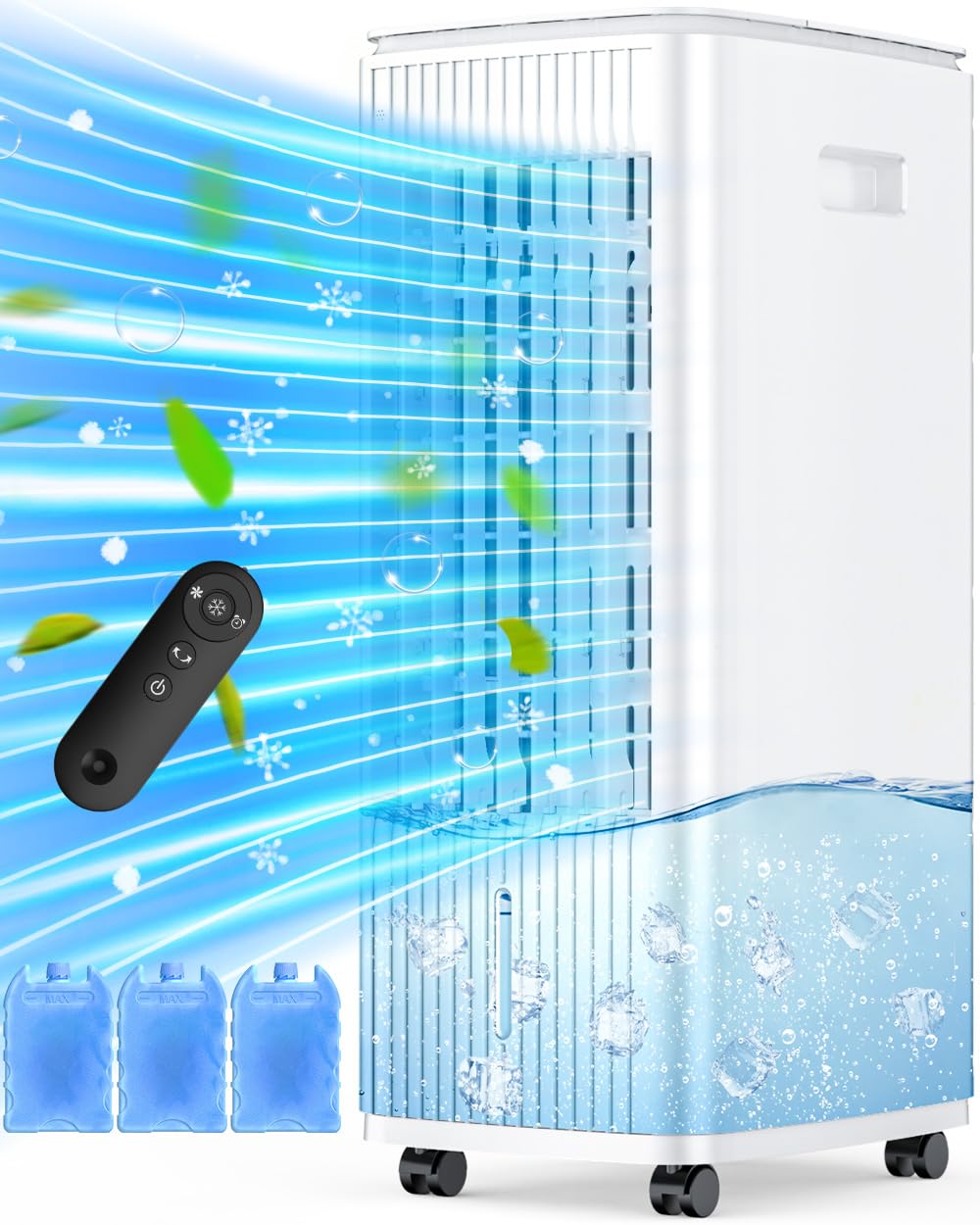 MYICY 3-IN-1 Windowless Air Conditioner w/Double Tanks, Smart Timer, 3 Ice Packs, 60W Evaporative Air Cooler, 70 Oscillation, 3-