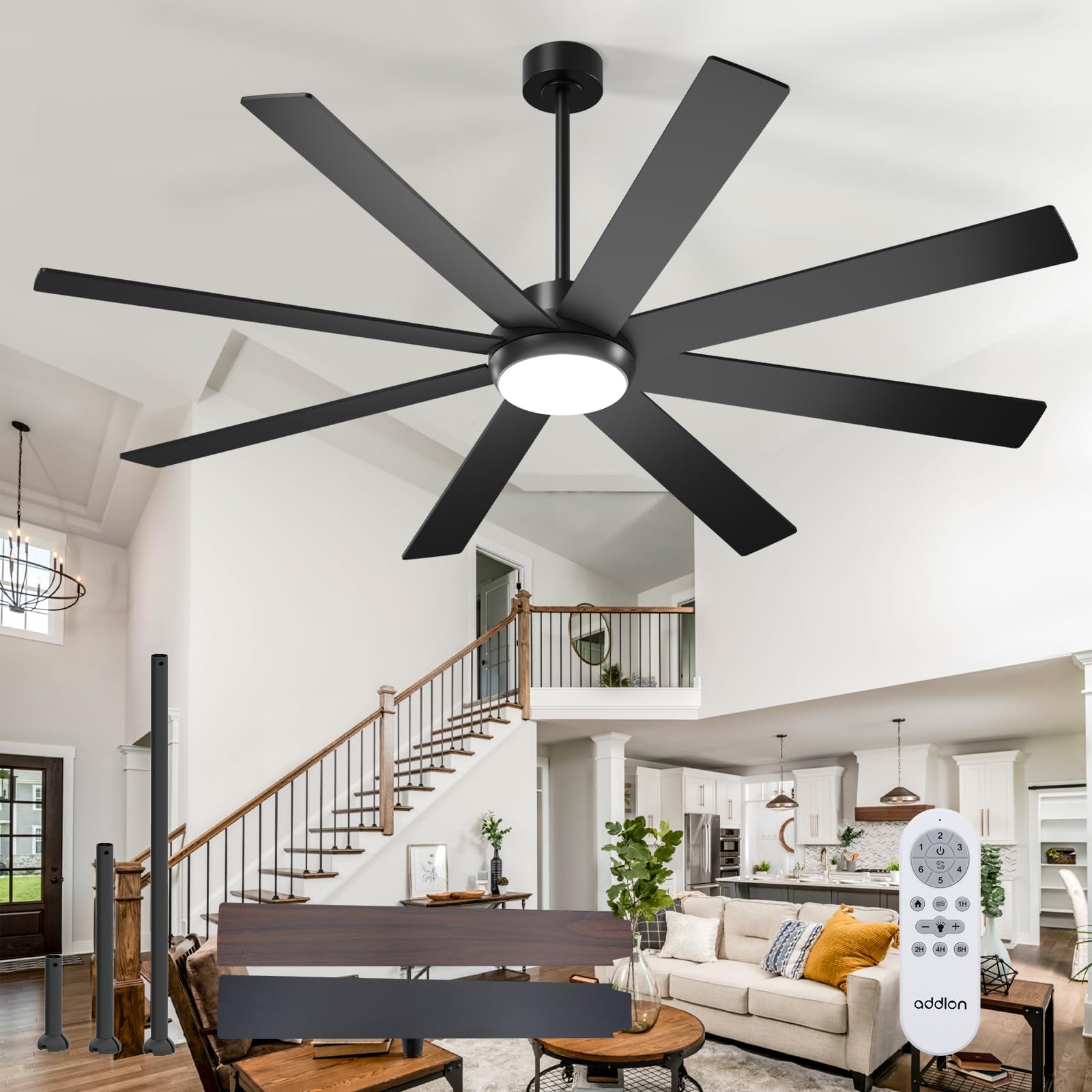 Addlon 72 Inch Large Ceiling Fans With Lights, Black Ceiling Fan With Light And Remote Control, Reversible, 5Cct, Dimmable, Mode