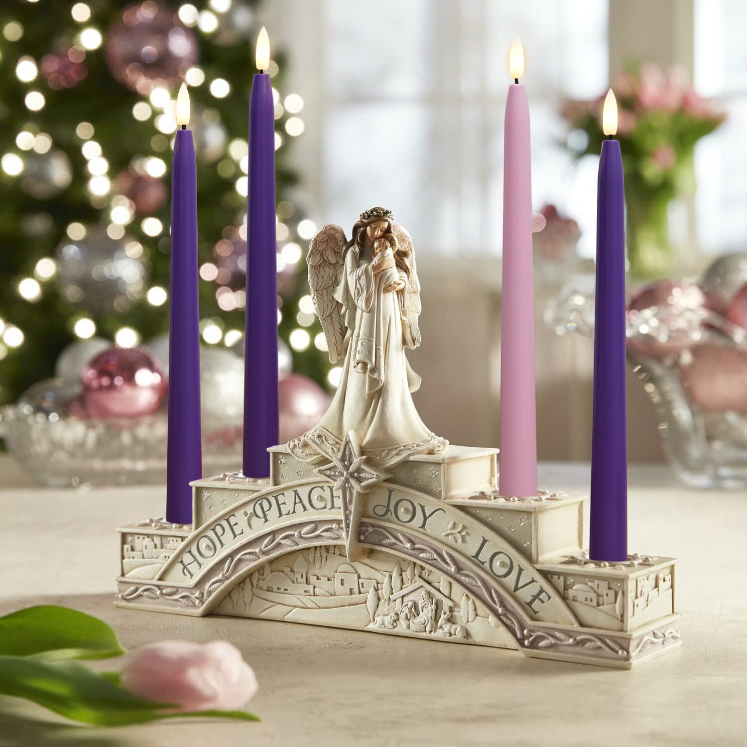 Stmarry Flameless Advent Candles, Set Of 4   Flickering Led Flame, 11 Inch Taper Candlesticks, Remote Controlled, Purple And Pin