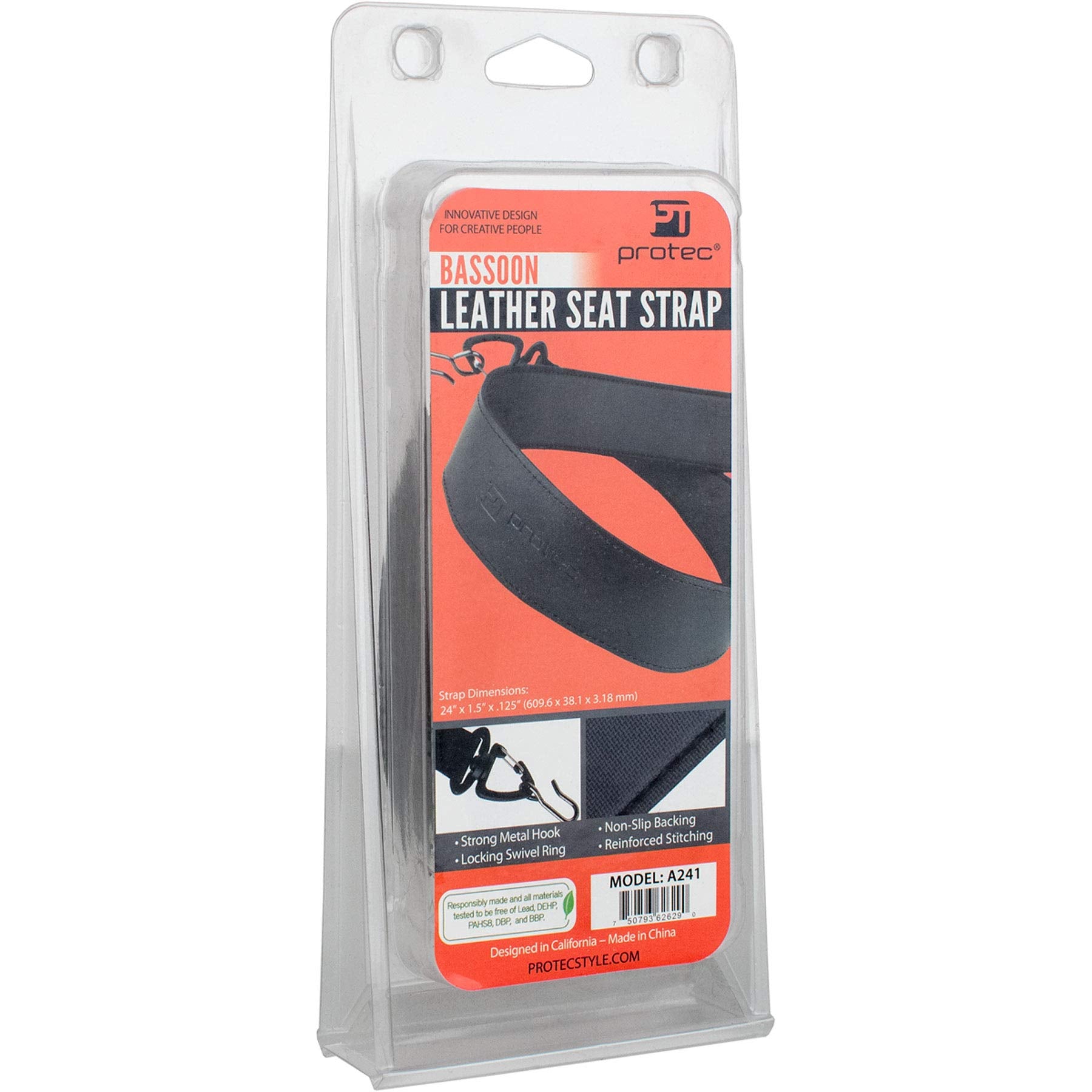 Pro Tec A241 Leather Bassoon Non-Slip Seat Strap With Lockable Hook Black Regular