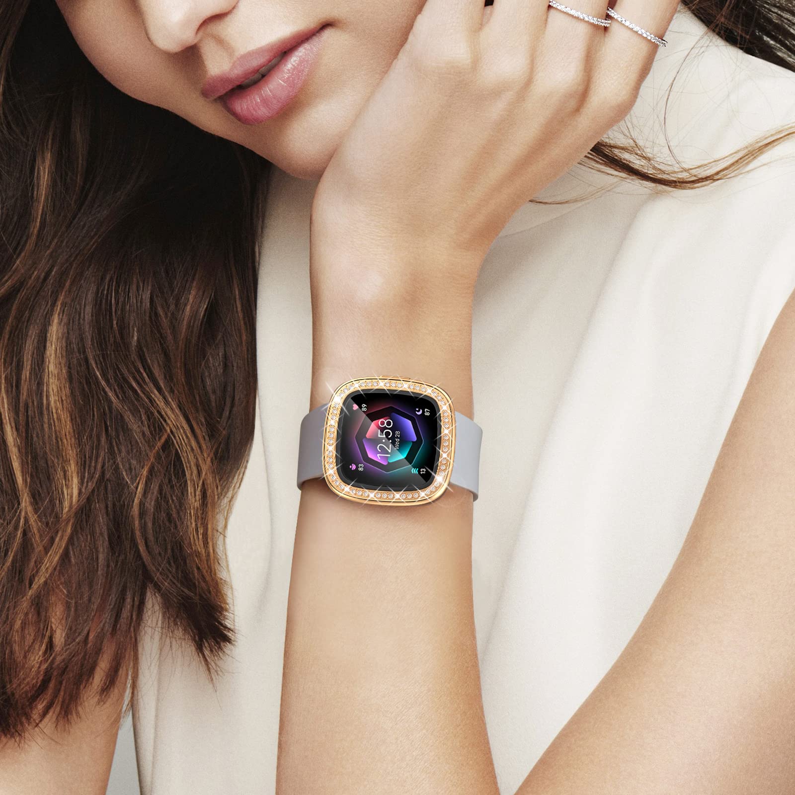 [5Pack] Richone Compatible With Fitbit Versa 4 & Sense 2 (2022) Screen Protector Case, Bling Diamonds Cover Soft Tpu Bumper Smar