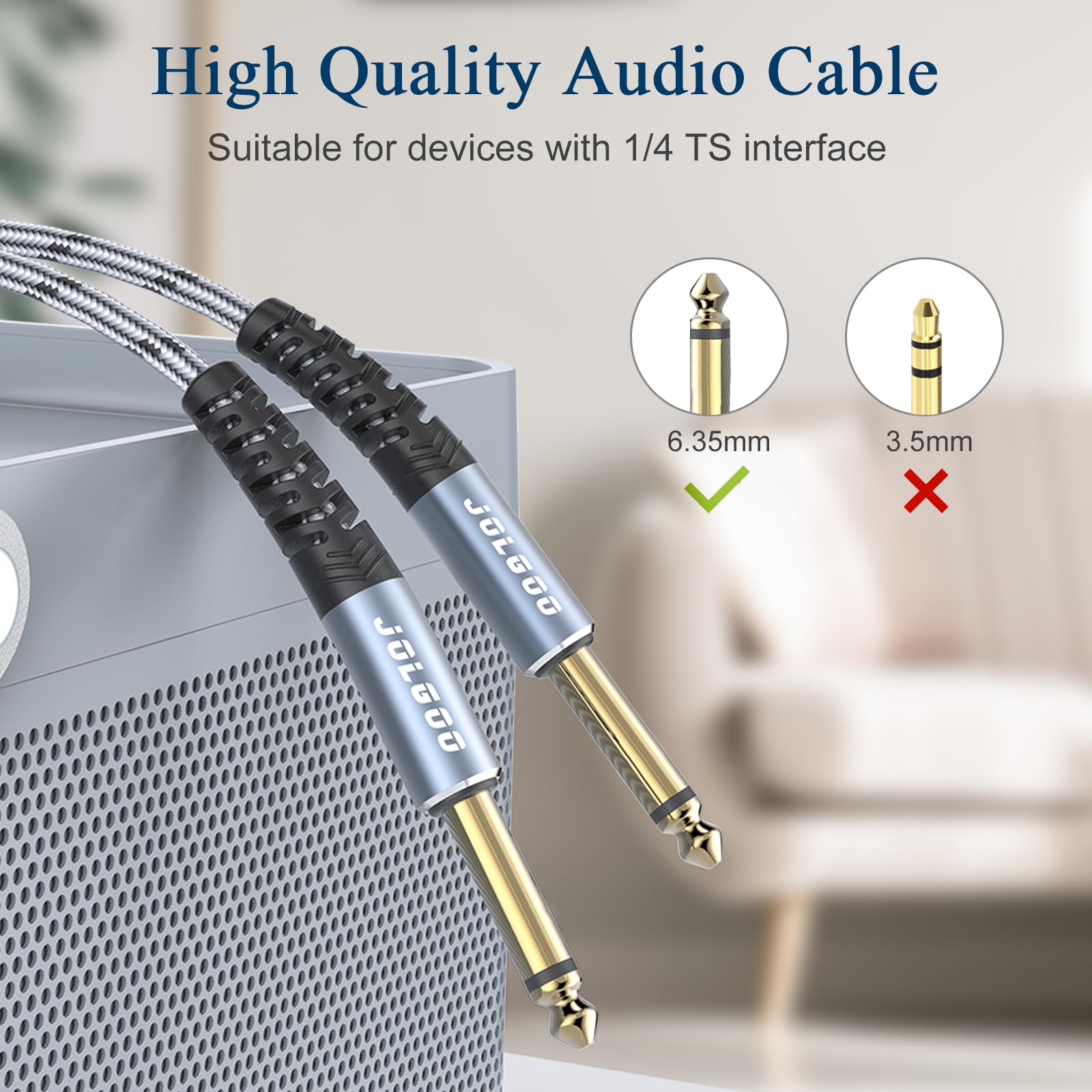 Jolgoo 1/4 Inch Guitar Instrument Cable 10 Ft 2 Pack, 1/4 Inch Ts Guitar Cable, Quarter Inch Cable, For Electric Guitar, Bass, K