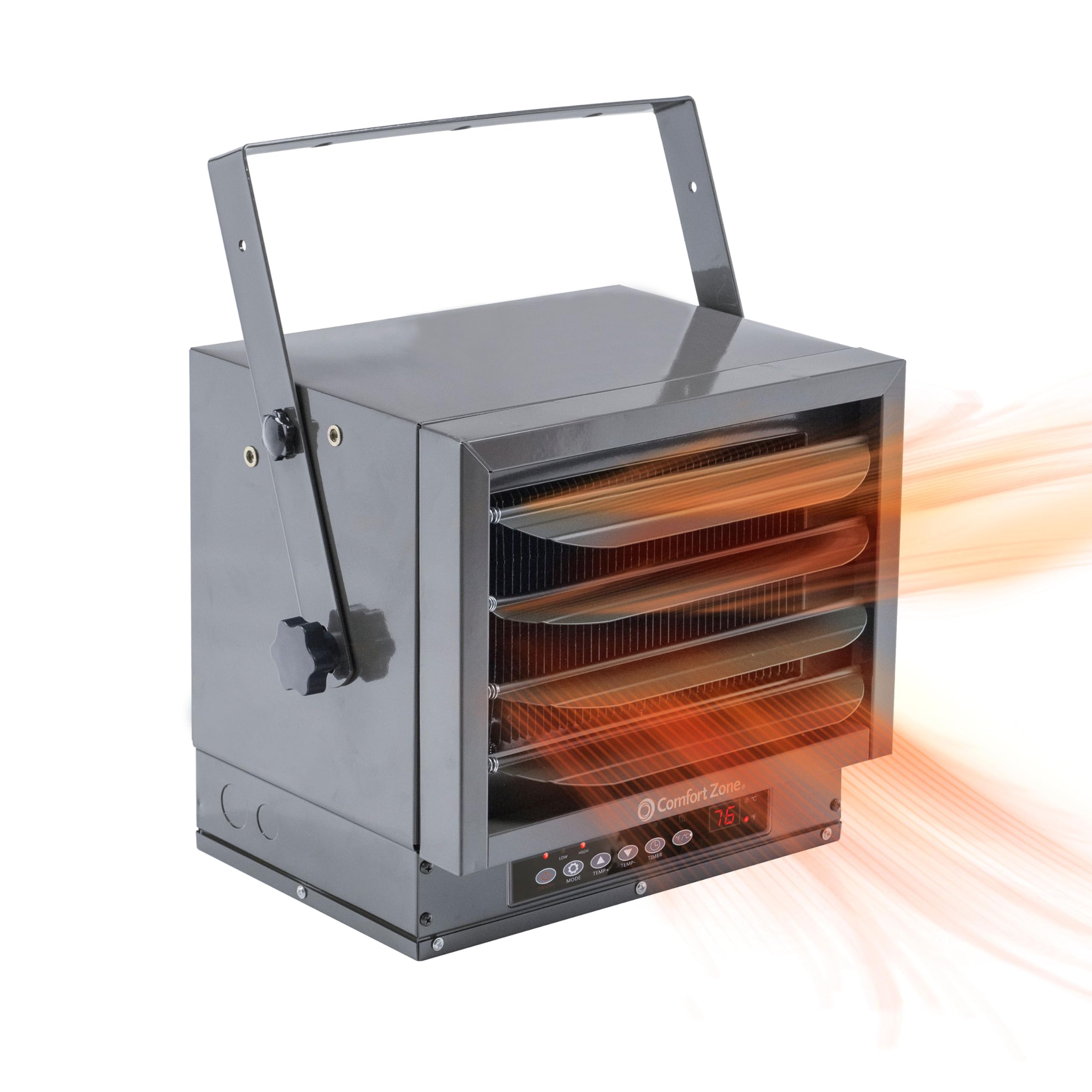 Comfort Zone Hard Wired Ceiling Mount Garage Space Heater With Remote, 7,500 Watt, 240 Volt, Fan Forced, Overheat Protection, Di