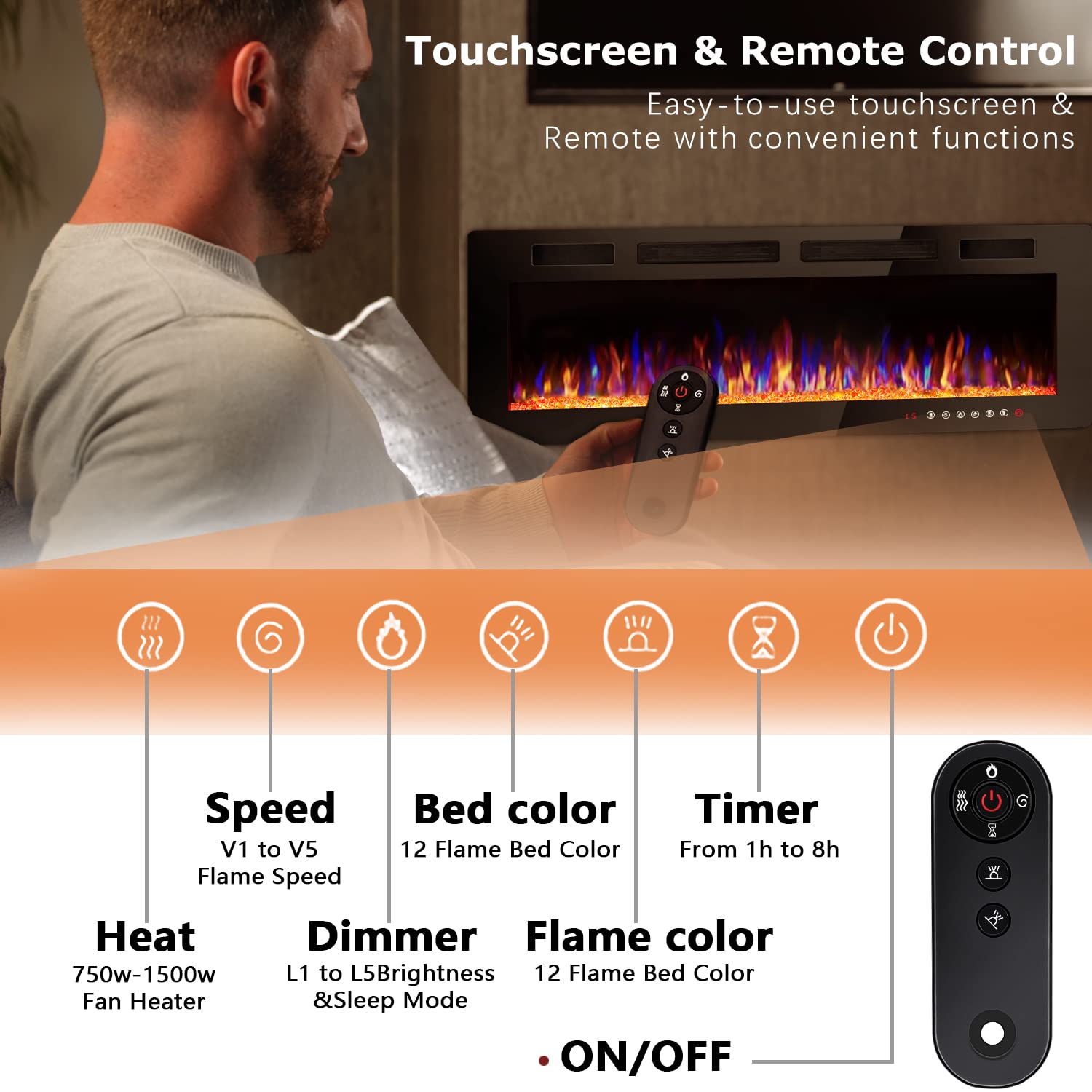 Vitesse 72 Inch Ultra Thin Electric Fireplace In Wall Recessed And Wall Mounted Fireplace Heater,Linear Fireplace With Multicolo