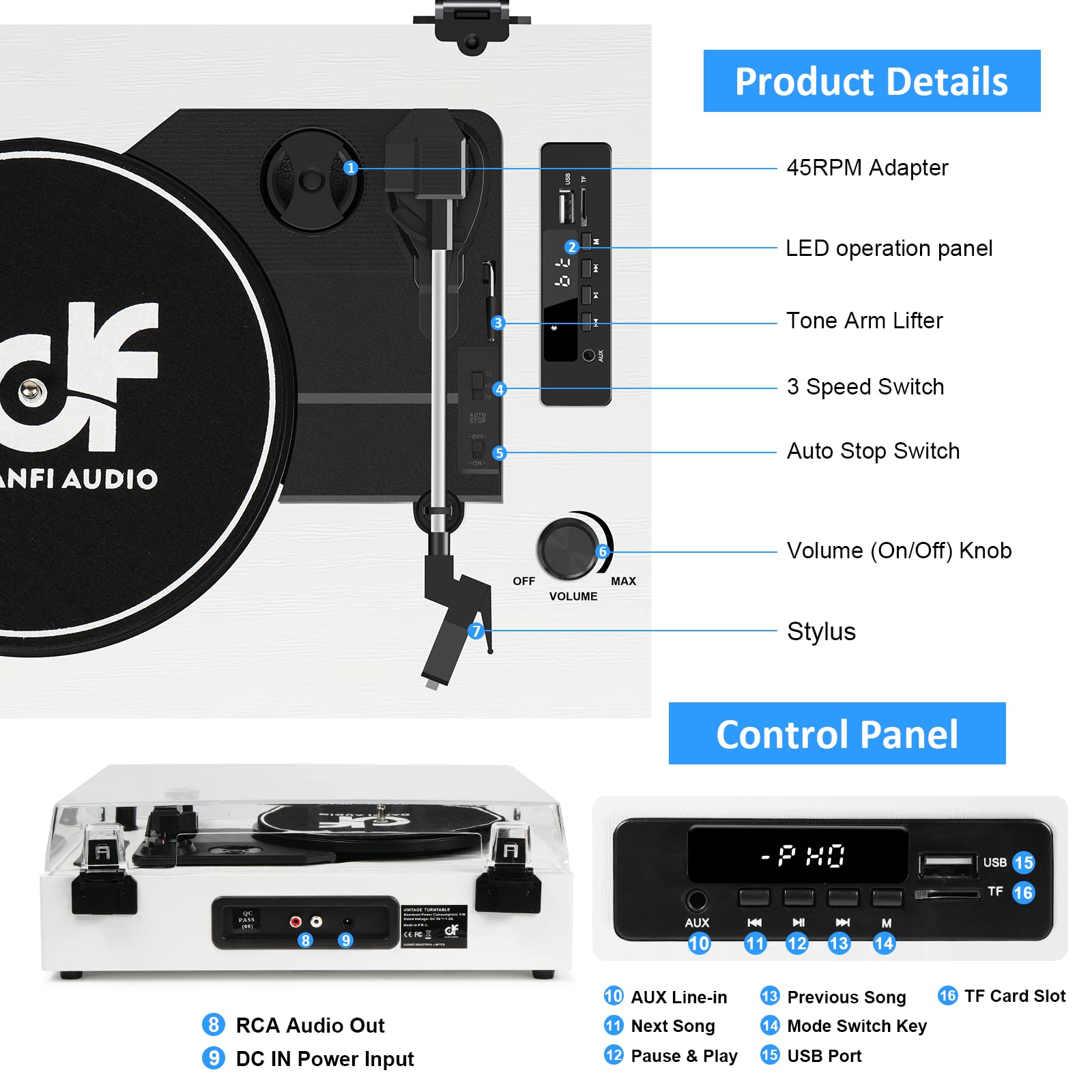 Vintage Record Player Bluetooth 3 Speed Vinyl Record Player With Stereo Speakers, Usb Audio Recording, Rca Line Out, Aux In, Ret