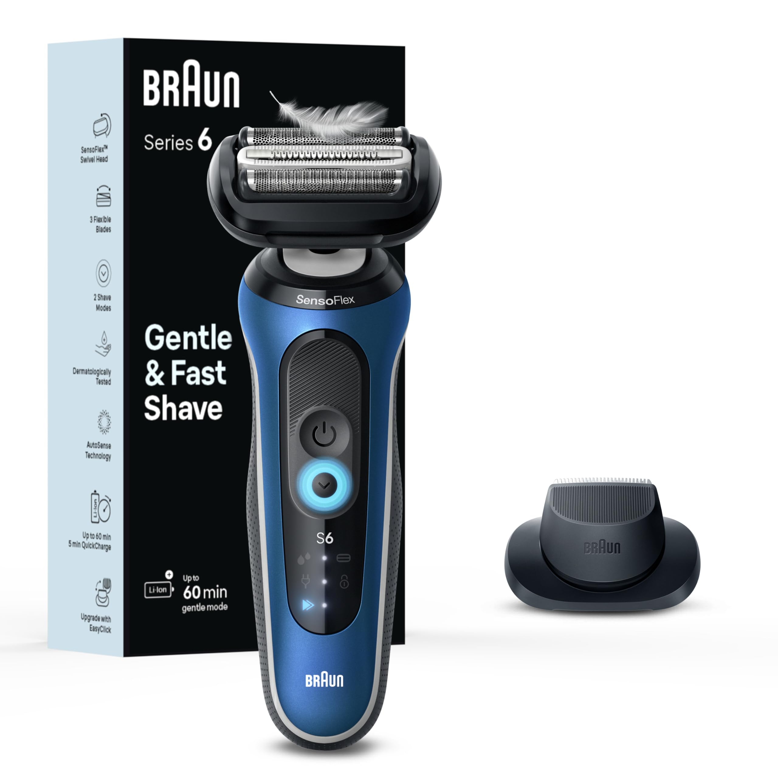Braun Electric Shaver For Men, Series 6 6120S, Wet & Dry Shave, Turbo & Gentle Shaving Modes, With Precision Trimmer & Pouch, Bl