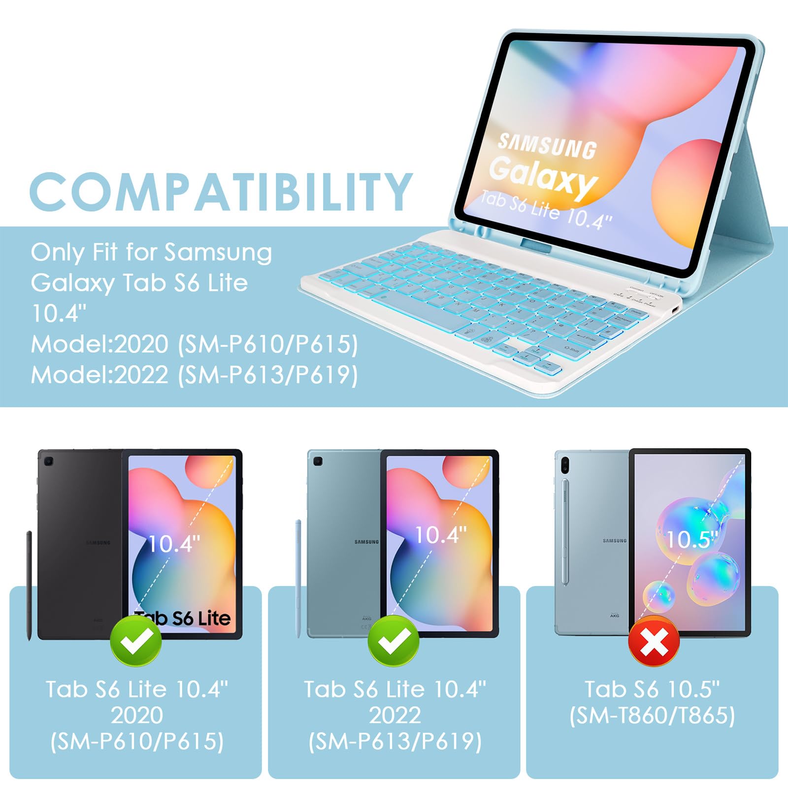 Lama Backlit Keyboard Case For Samsung Galaxy S6 Lite 10.4'' Case With Keyboard, Detachable Keyboard Case With S Pen Holder For