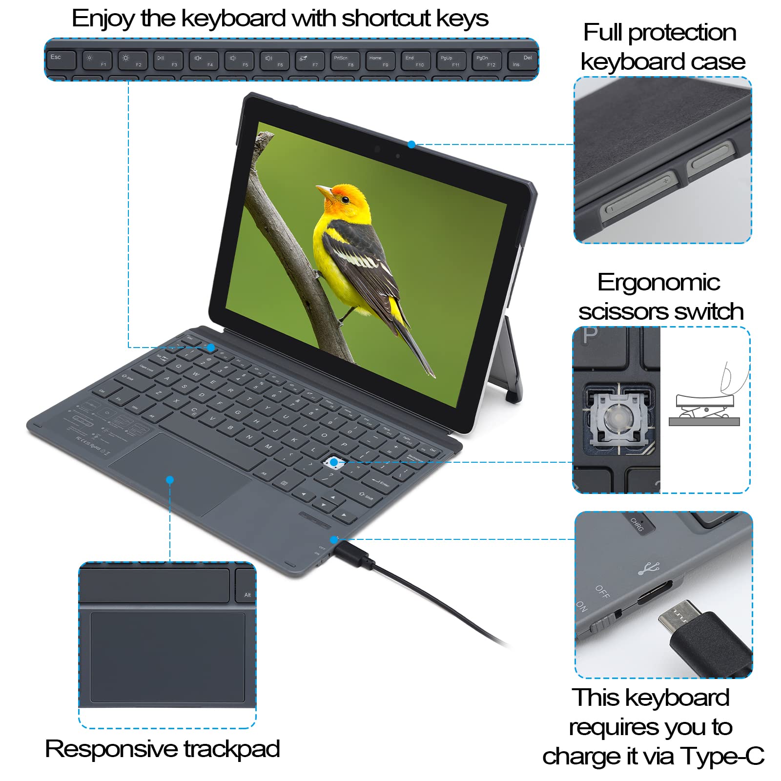 Qulose Keyboard Case For Surface Go 3 2021 / Surface Go 2 2020 / Surface Go 2018, Ultra Slim Portable Wireless Keyboard With Tou