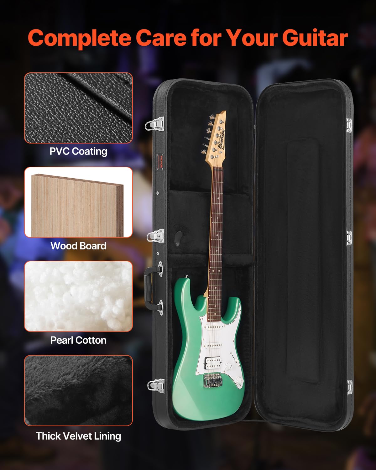 Vevor Electric Guitar Hard Case, 43.11 In Rectangular Guitar Hard Case, With Lock Latch Keys Handle, Pvc Padding Soft Lining Wat