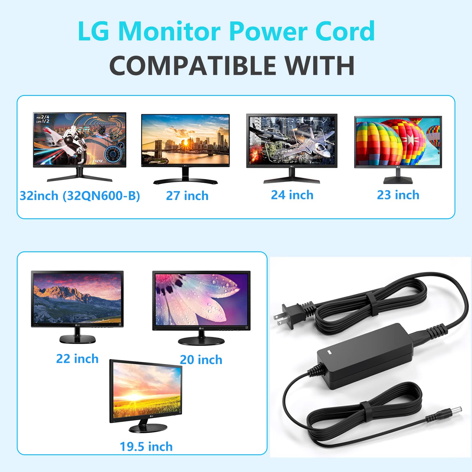 For Lg Monitor Power Cord 19V Dc Power Supply For Lg Electronics Monitor 32' 27' 24' 23' 22' 20' 19' Lcd Led Hd Tv Monitor Widescreen Replacement Lg Monitor Power Adapter Cord