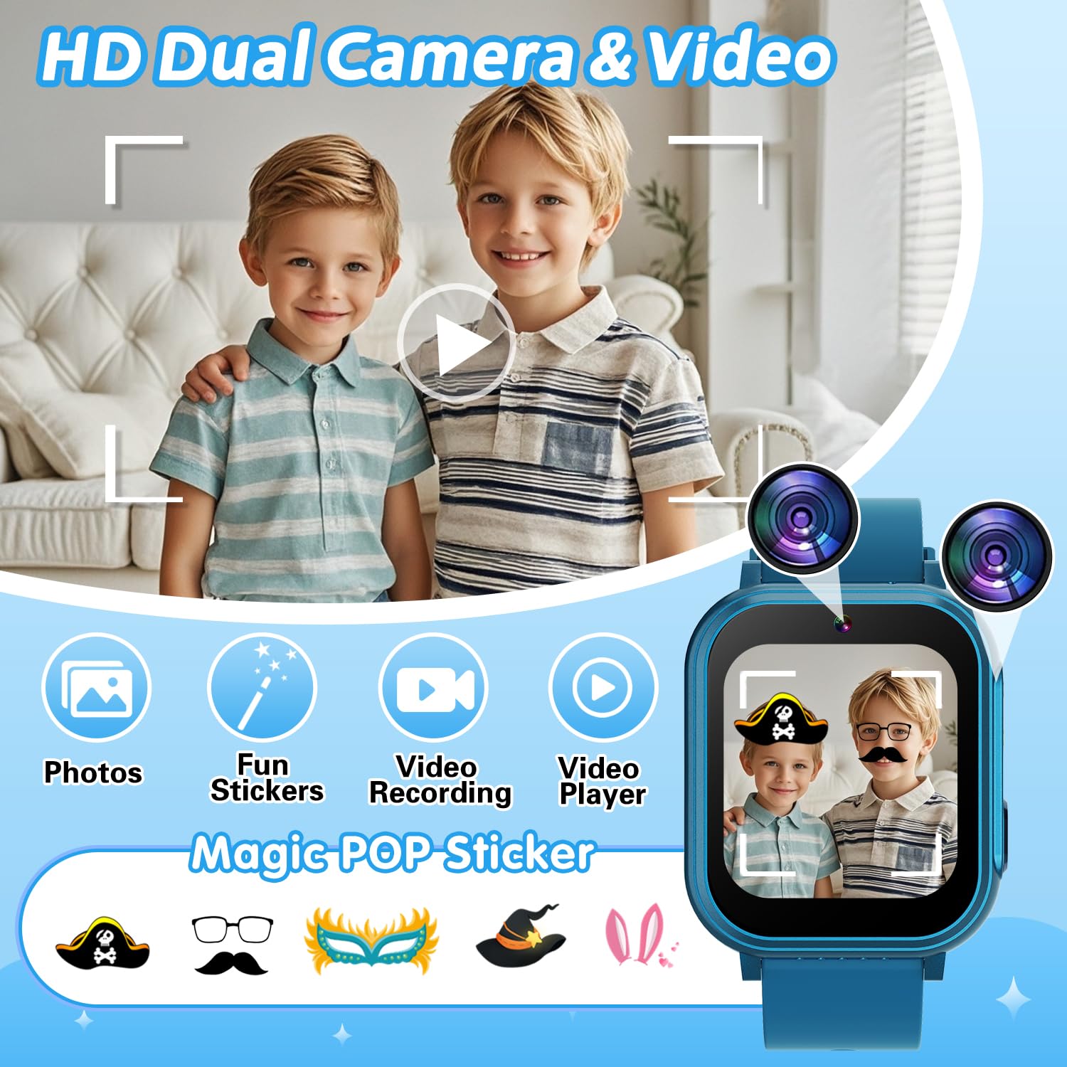 Kids Waterproof Smart Watch With 32 Games Hd Touchscreen Dual Camera Music Player Pedometer Flashlight Habit Tracking Learn Card