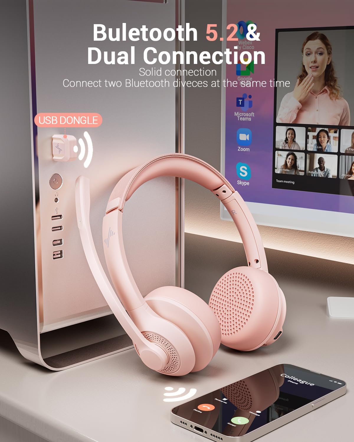 Wireless Headset With Ai Noise Cancelling Microphone Bluetooth Headset   Bluetooth V5.2 Headphones With Usb Dongle & Mic Mute Fo