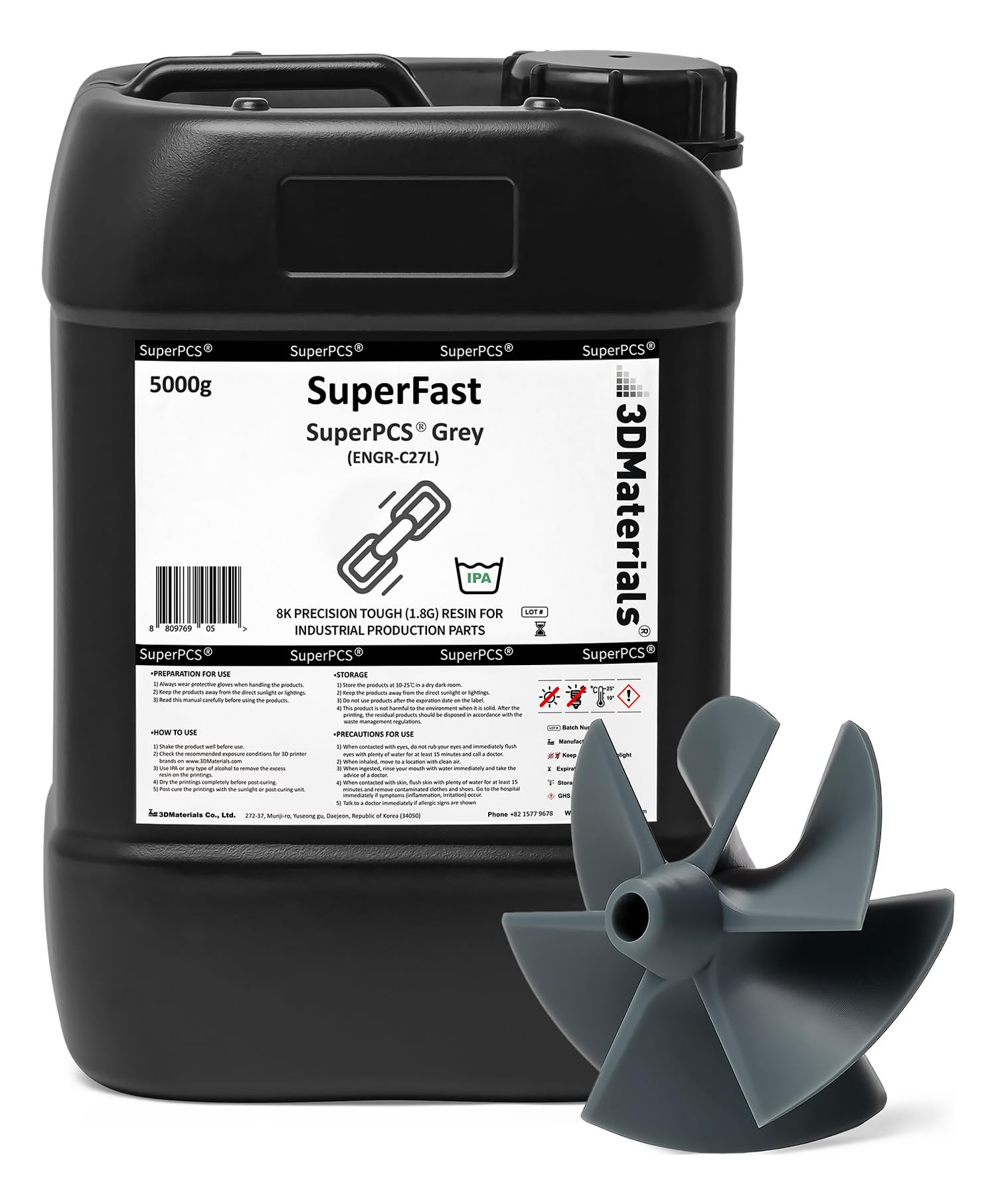 Superpcs 3D Printer Resin, Toughest And Fastest, 50Um 18Gpa Print In 15 Sec, Made In Korea By 3Dmaterials (5000G, Grey)