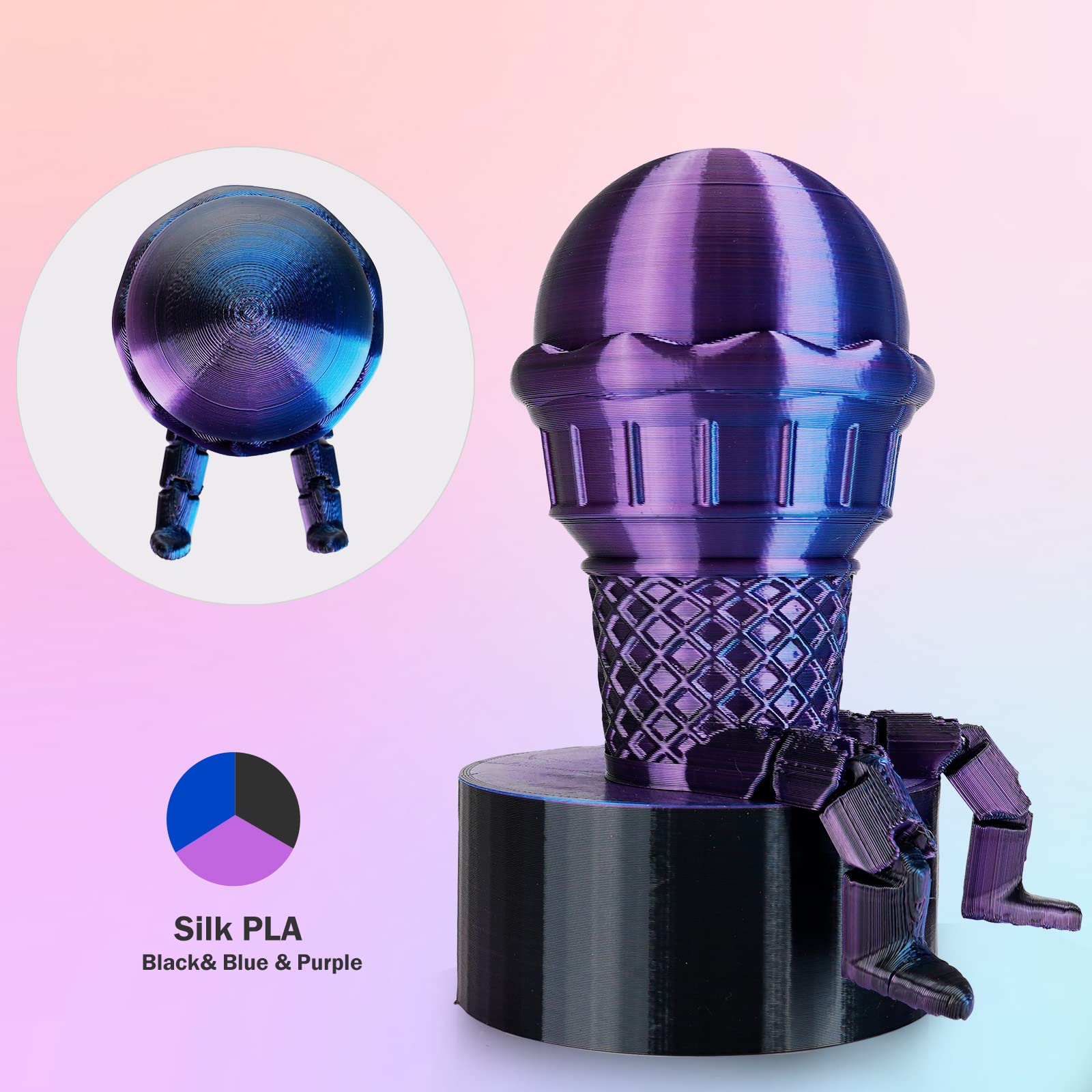 Eryone Silk Tri Color Coextrusion Pla Filament,3D Printer 1.75Mm,+/ 0.03Mm, Triple Color Filament 1Kg(2.2Lbs), Silk Blue Purple