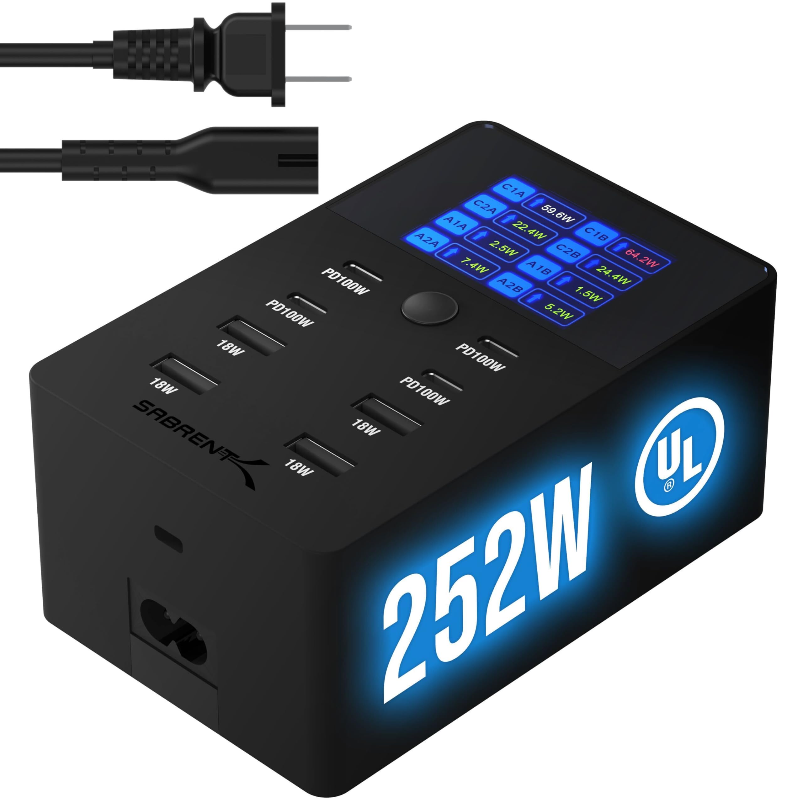 SABRENT VOLTIK Charging Station, 252W 8-Port USB C and USB A Desktop Charger, UL Certified with Real-Time LCD Display, Fast Char