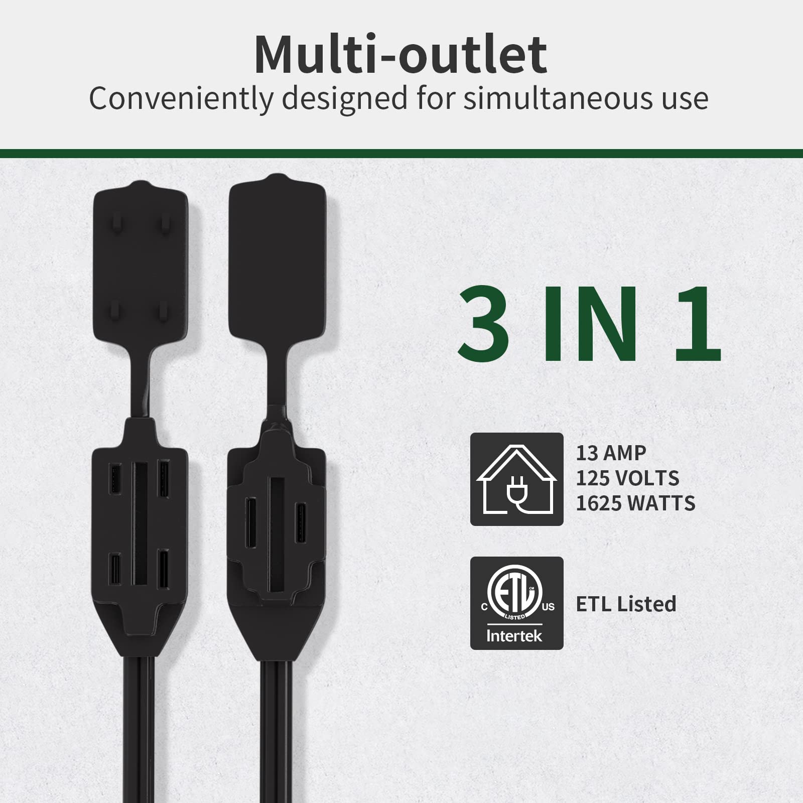 Plugtul 3 Pack Indoor Extension Cord (6/9/12Ft), 2 Prong Black Extension Cord, 3 Polarized Outlets With Safety Cap Protect For H