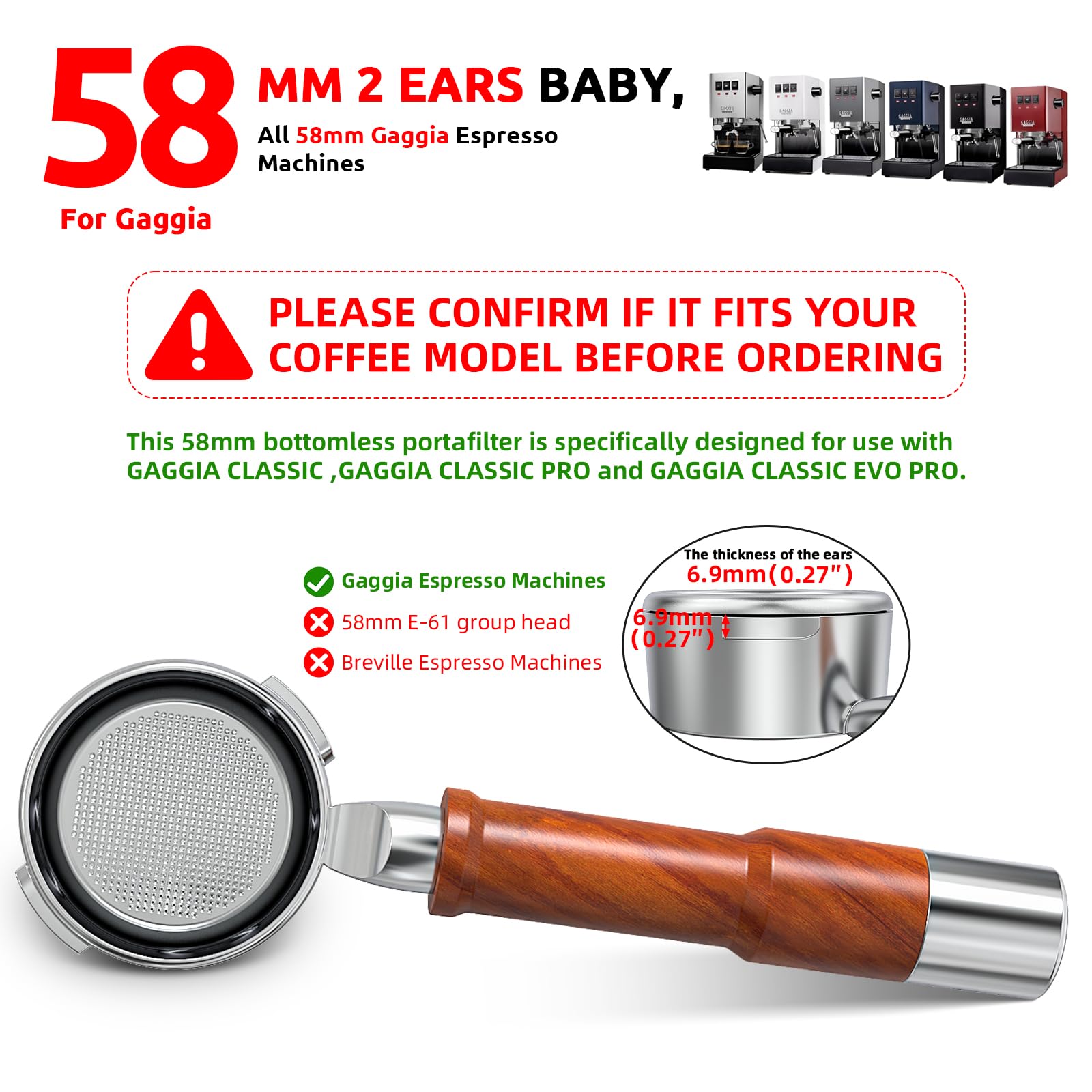 58Mm Bottomless Portafilter Fits Gaggia Espresso Machines Professional 100% Stainless Steel Portafilter With 2 Ears  Not Suitabl