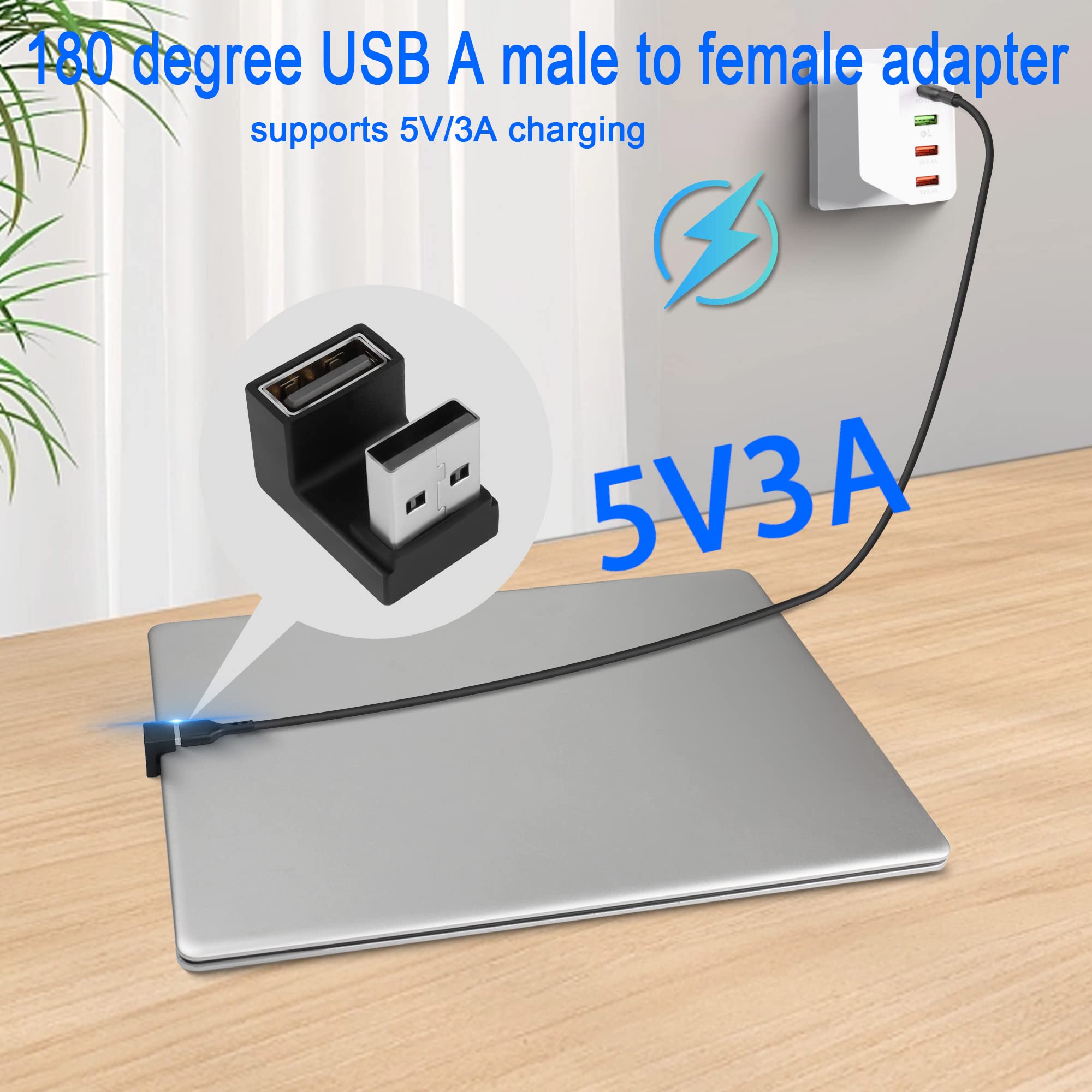 Qianrenon U Shape Angle Usb 3.1 Adapter Converter 10Gbps 180 Degree Usb A Male To Female Coupler Connector, Support Data Transfer Otg 3A Charging, For Pc Laptop Mobile Power, 2Pcs (Female Up)
