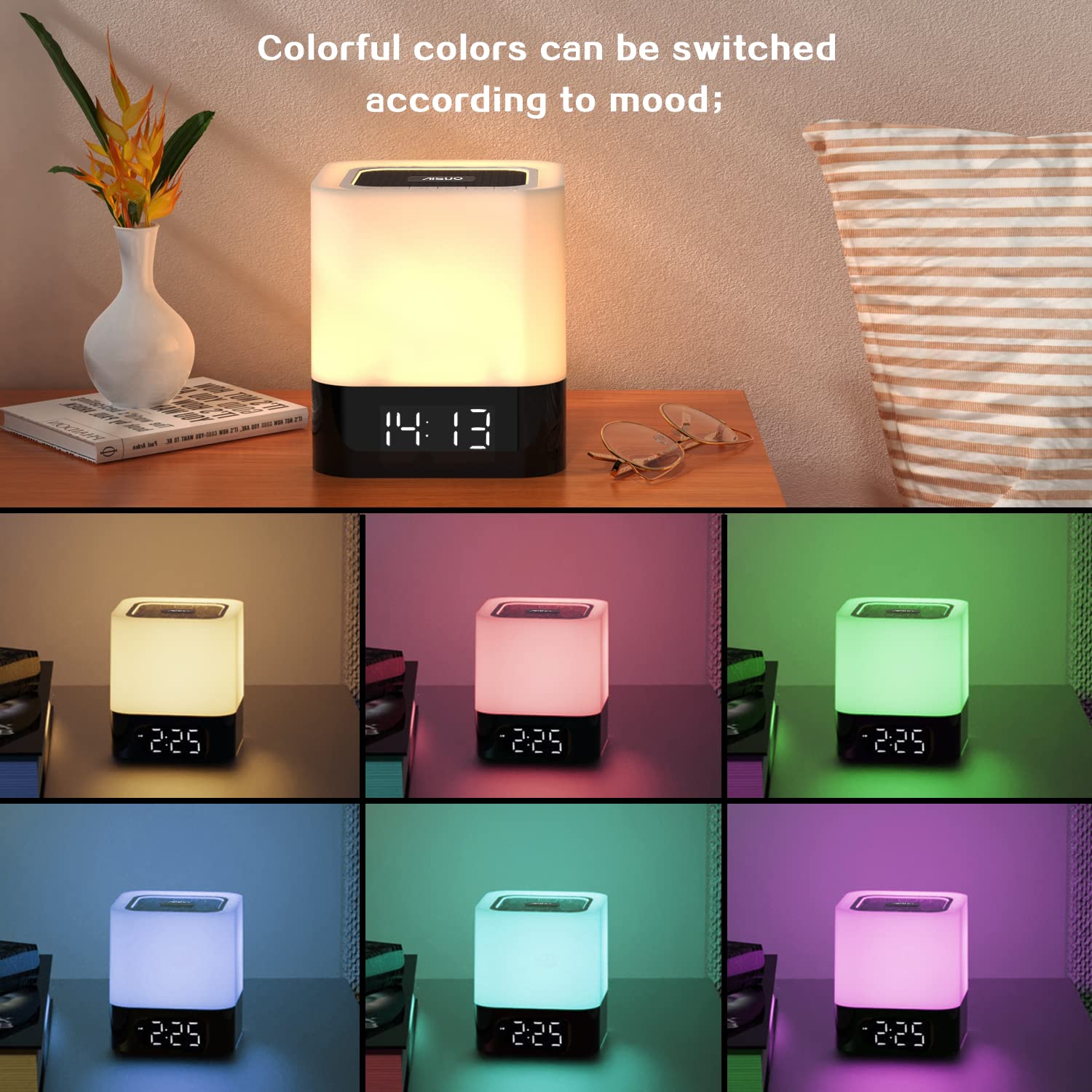 Aisuo Night Light 5 In 1 Bedside Lamp With Bluetooth Speaker, 12/24H Digital Calendar Alarm Clock, Touch Control, Support Tf And