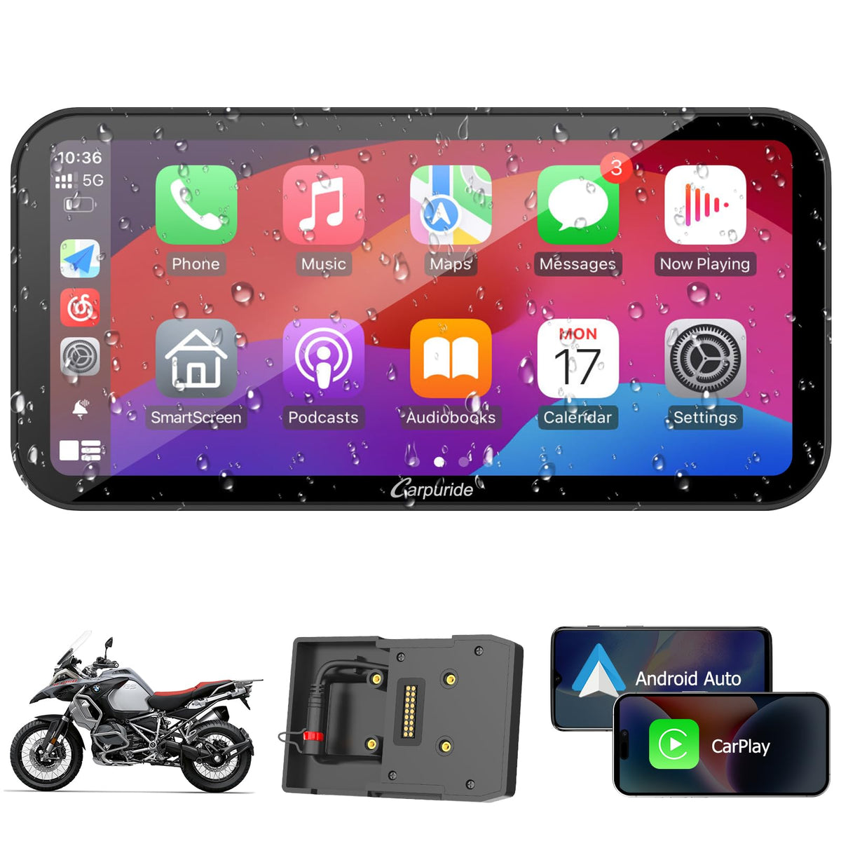 Carpuride W603B Motorcycle Carplay Screen For Bmw R1200Gs R1250Gs S1000Xr Motorcycle, 6.3 Inch Waterproof Touchscreen, Portable 