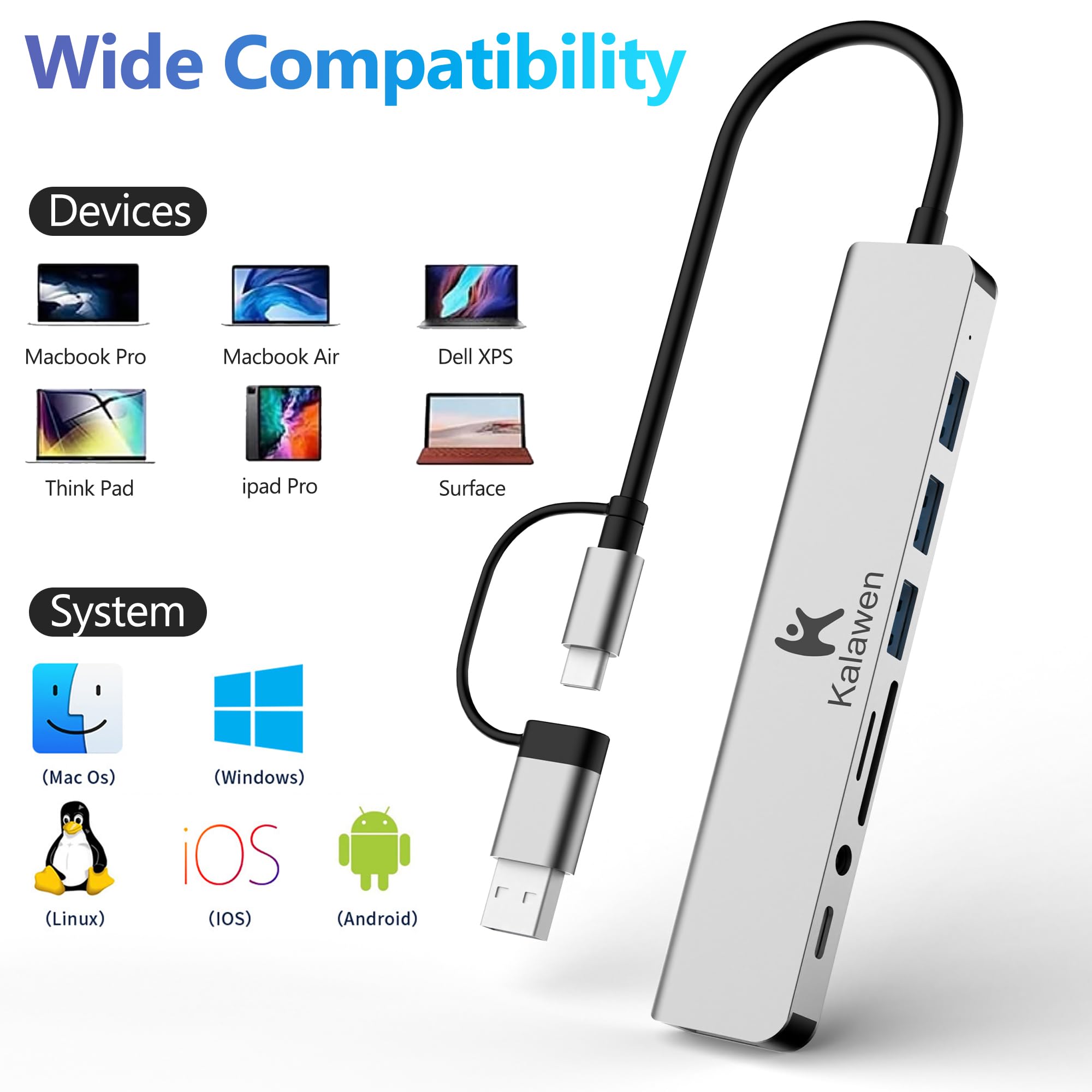 Kalawen Usb C Hub Usb Hub 3.0, Aluminum 8 In 1 Usb Splitter With 1 X Usb 3.0, 3 X Usb 2.0 And 1 X Usb C, Sd/Tf Card Reader, 3.5M
