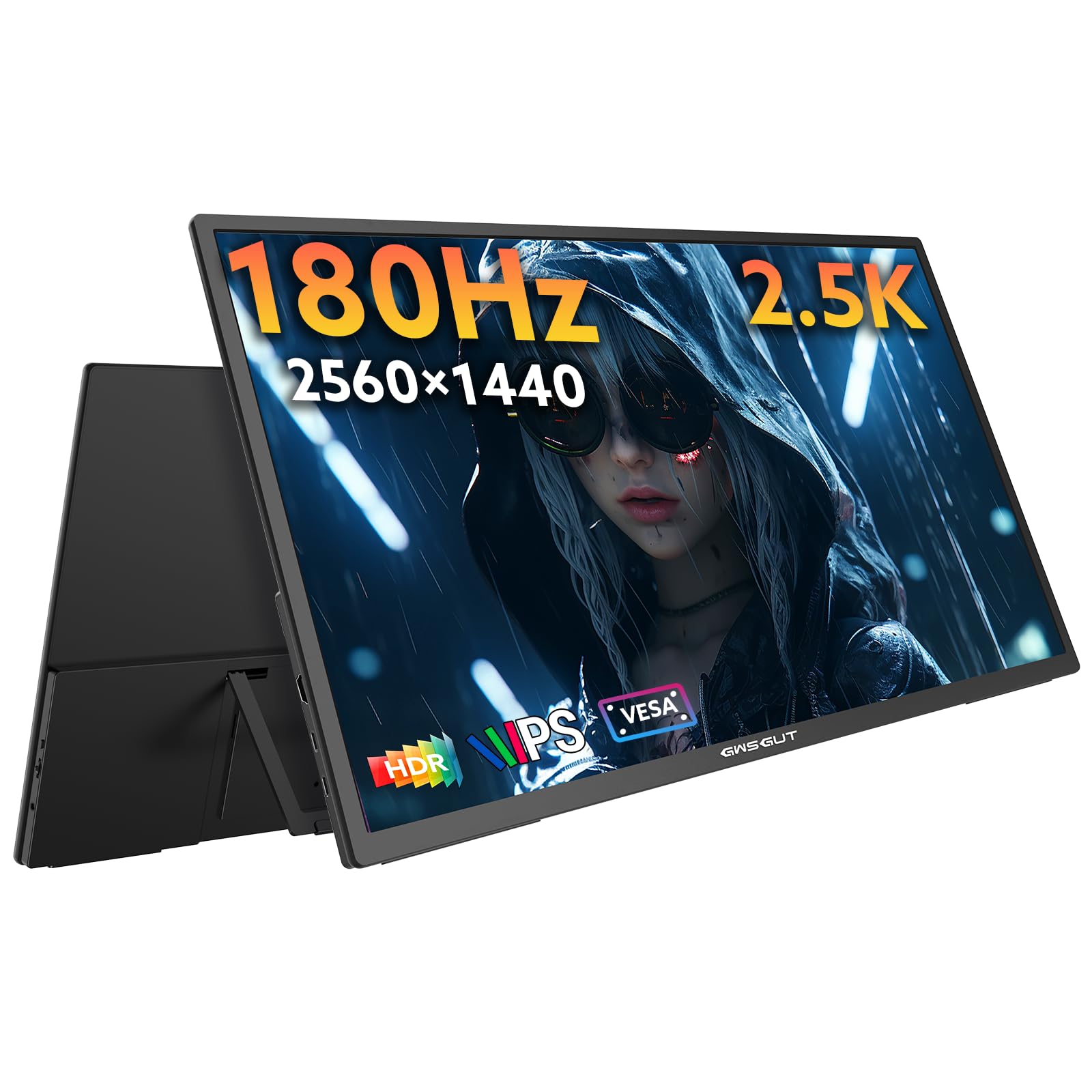 GWSGUT 23.8 Portable Monitor 2.5K 180Hz QHD 1440p, VESA USB-C HDMI Laptop Screen Extender, Built-in Stand Speakers for Laptop