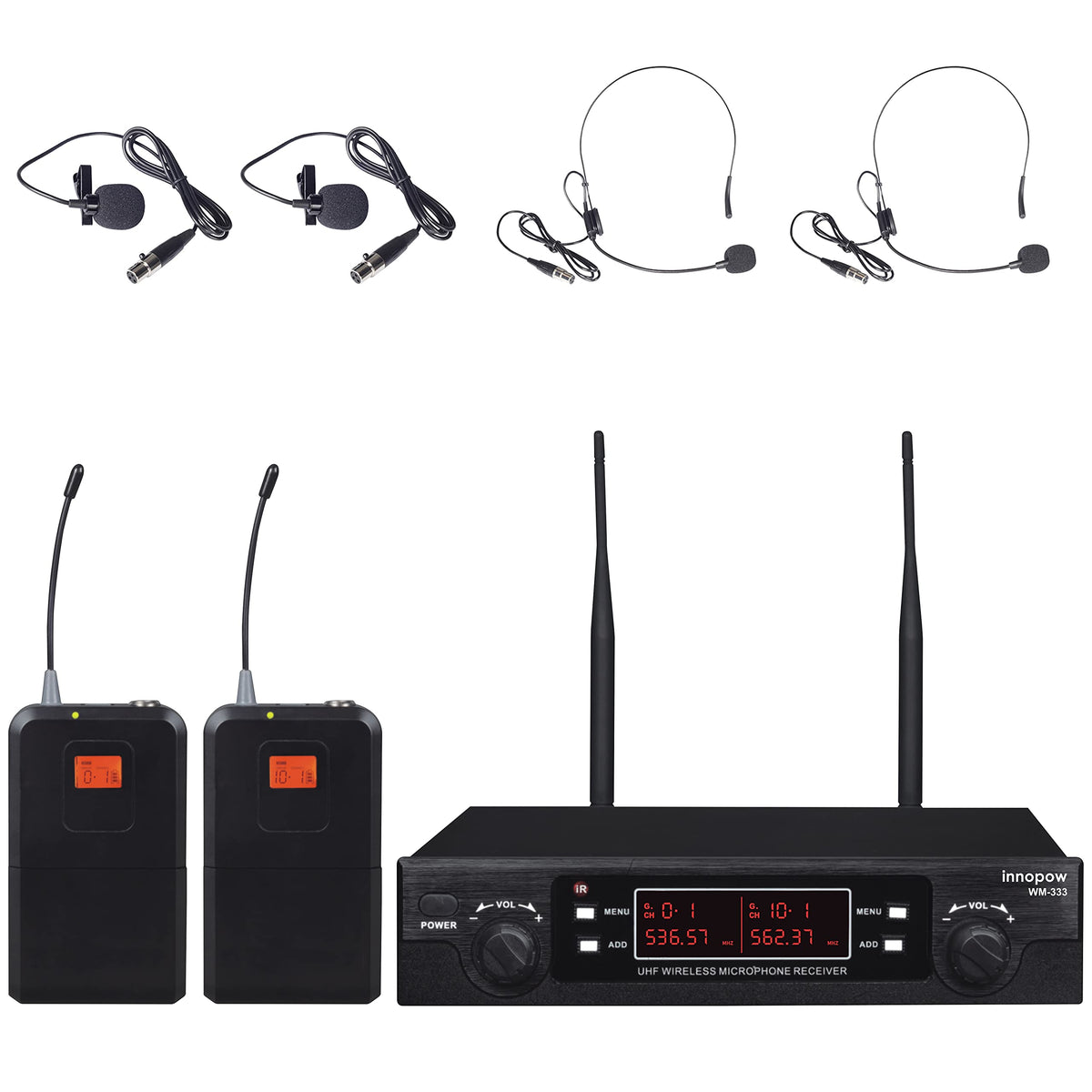 Innopow 200-Channel Wireless Lavalier Microphone, Dual Uhf Bodypack Cordless Lavalier Mic System Set, Auto Scan, Long Range 200-