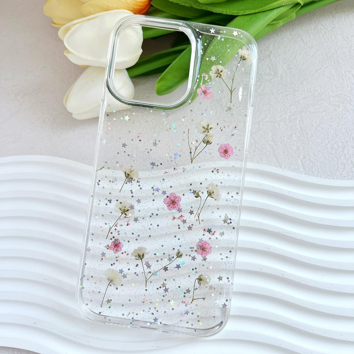 Lseeka For Iphone 13 Pro Max Clear Case With Pressed Real Flowers Design,Glitter Cute Pink Floral Pattern Slim Soft Tpu Protecti