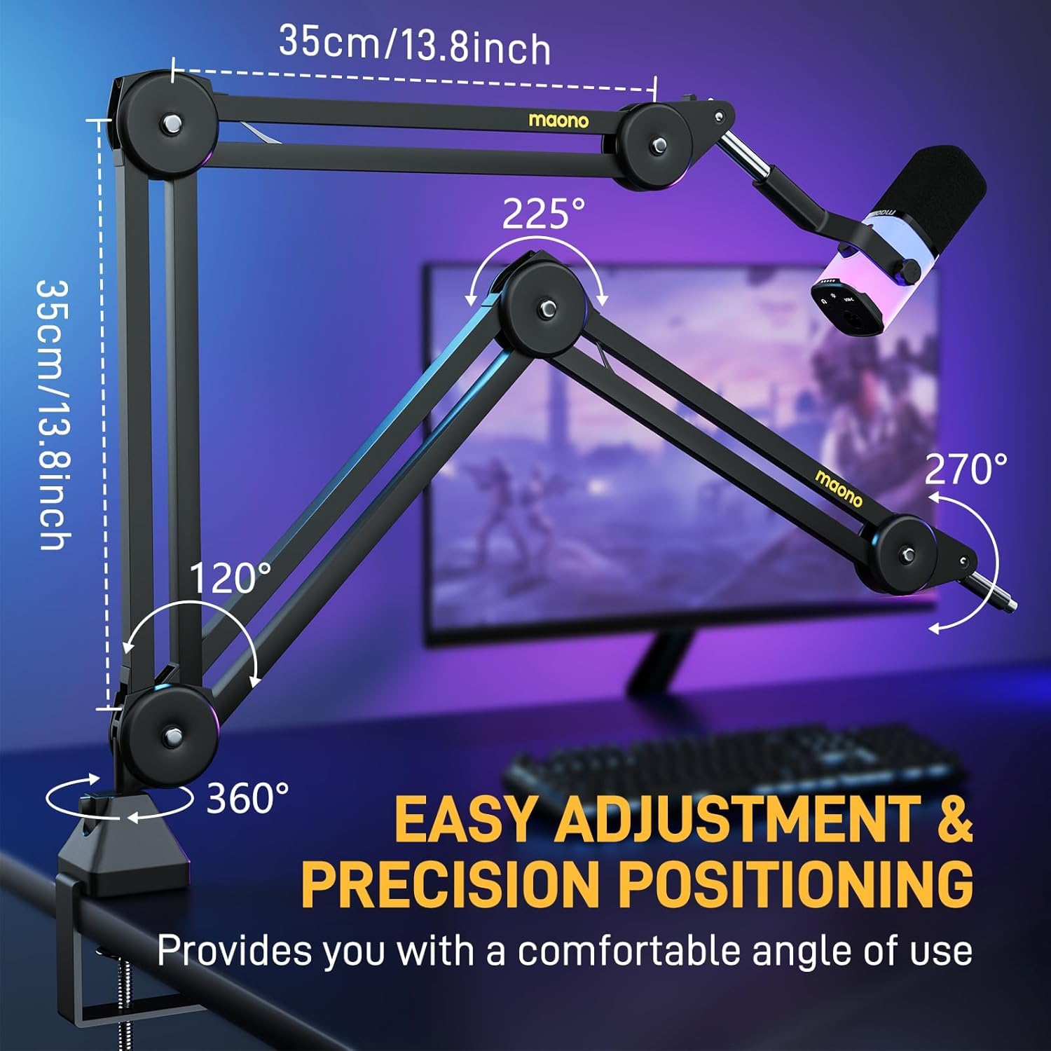 Maono Microphone Boom Arm: Heavy Duty Adjustable Metal Suspension Mic Stand With Upgraded Desk Clamp And 3/8 To 5/8 Screw Adapte