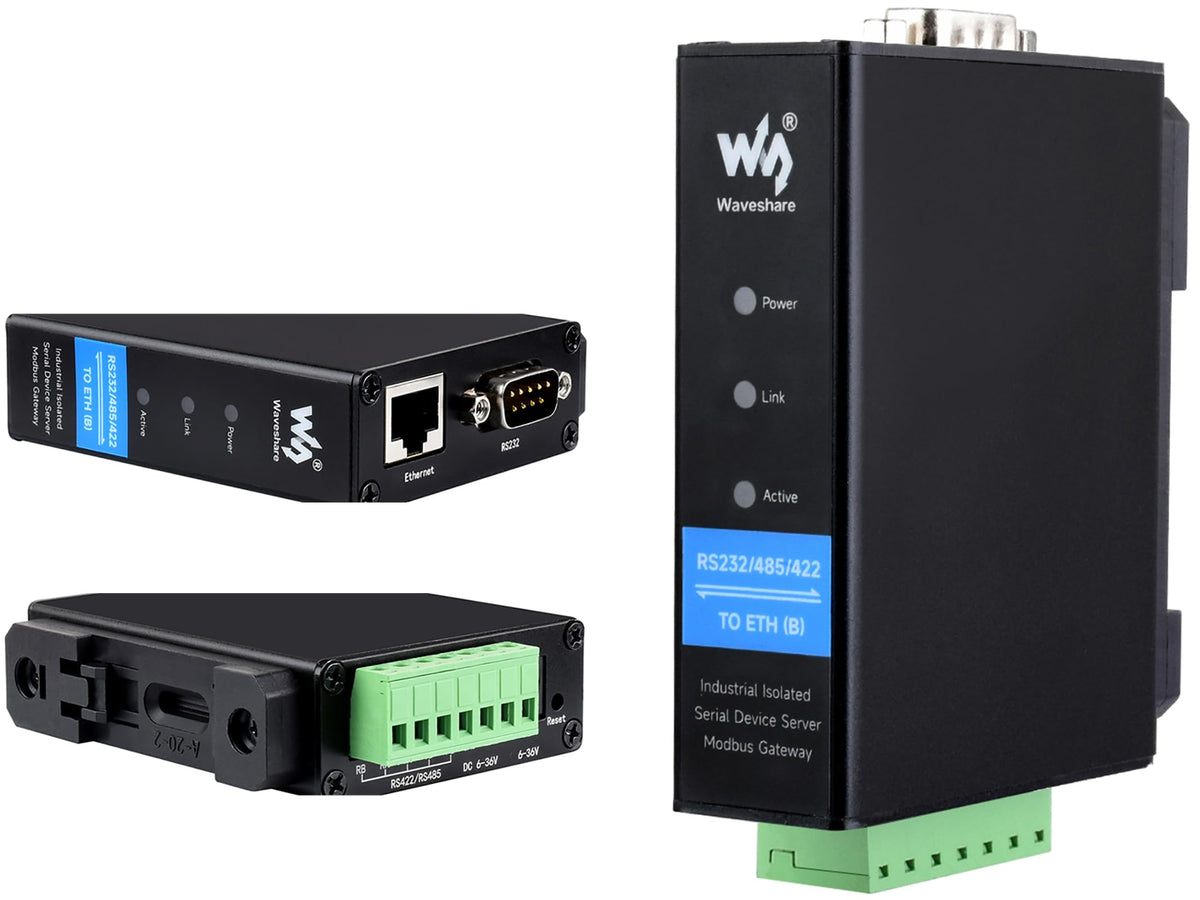 Waveshare Industrial Isolated Rail Mount Rs232/485/422 Serial Server, Rs232/485/422 To Rj45 Ethernet Module, Tcp/Ip To Serial Co